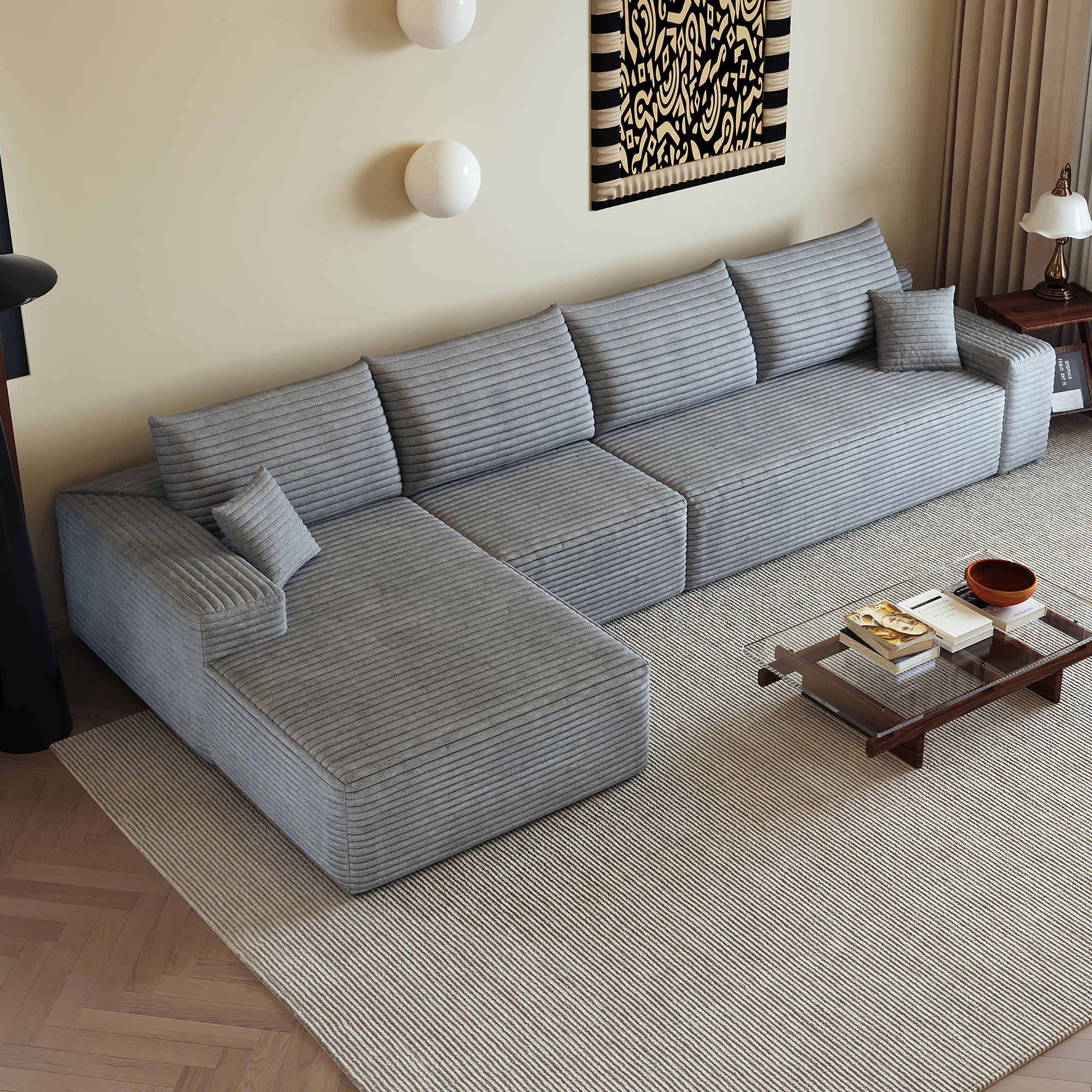 Canapé d’angle en L 4 places 270 x 175 x 83 cm, convertible, modulable, sans montage, en velours côtelé, Gris - vue complémentaire