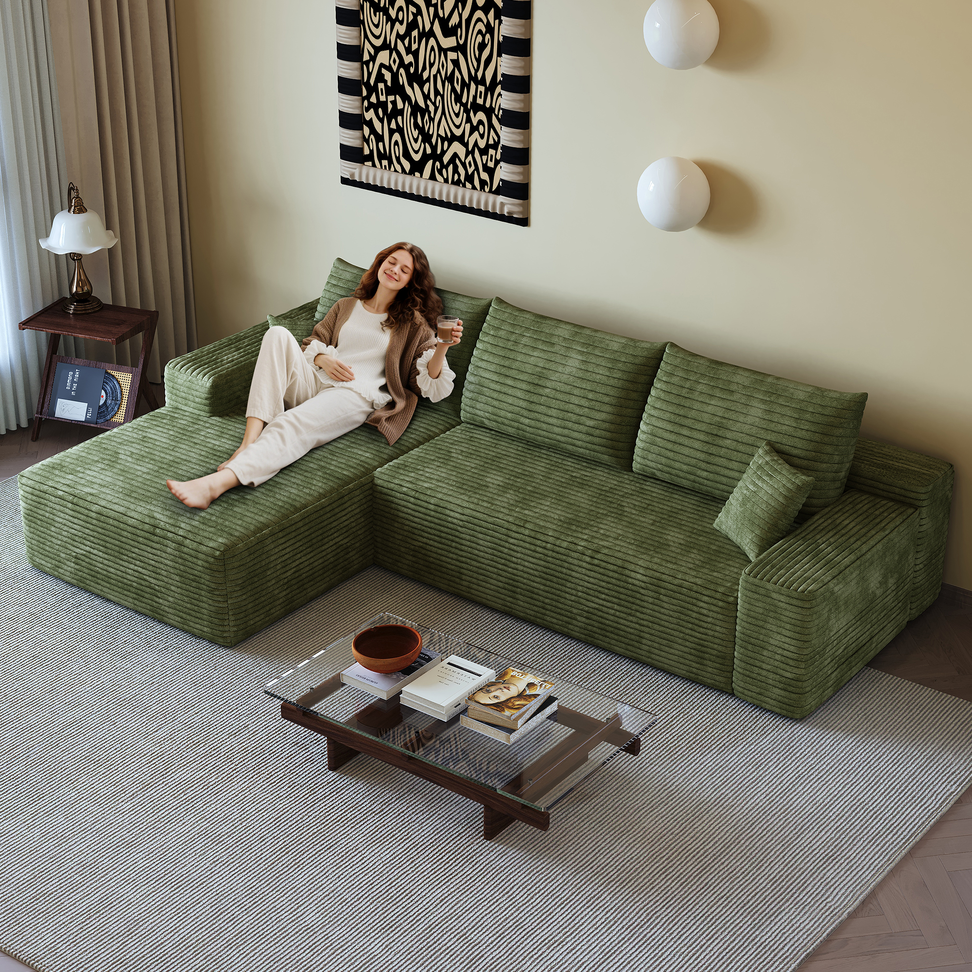 Canapé d’angle convertible en L 3 places 270 x 175 x 83 cm, Velours côtelé, vert - présentation 1