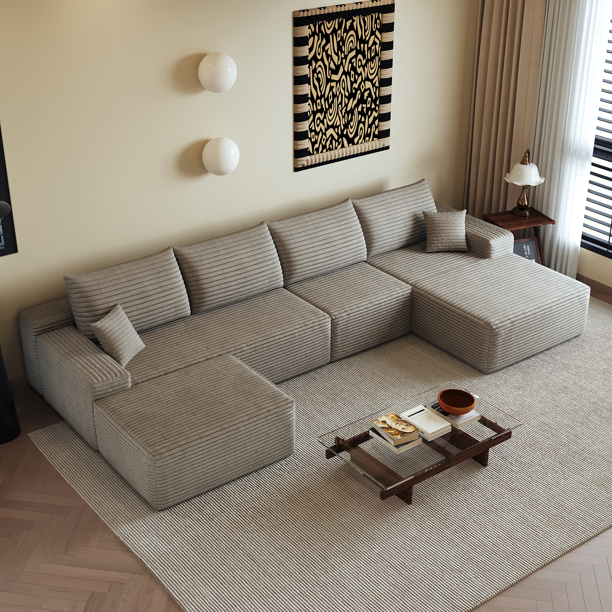 Canapé d’angle en L 5 places 270 x 175 x 83 cm, convertible, modulable, sans montage, en velours côtelé, Camel - vue complémentaire