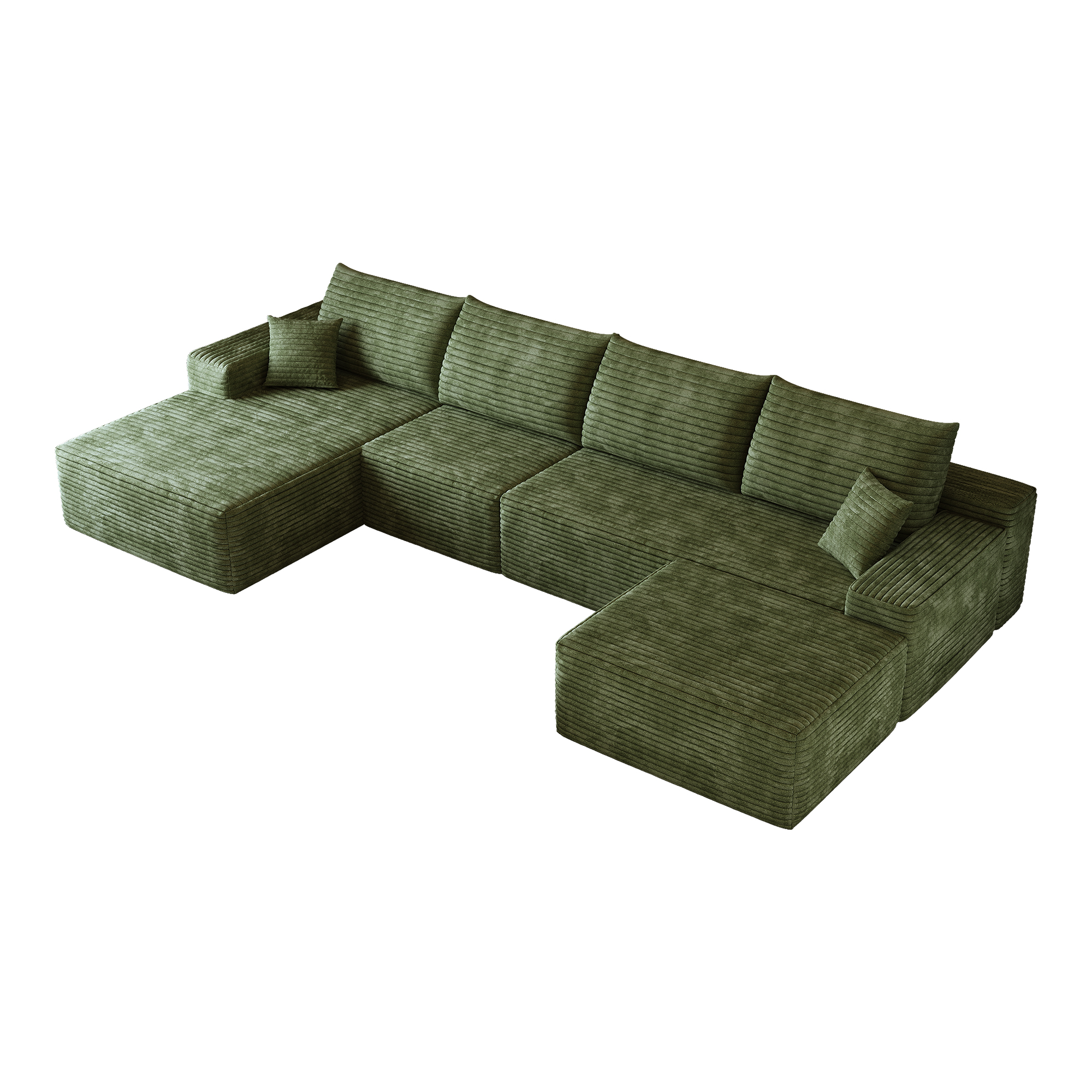 Canapé d’angle en L 5 places 270 x 175 x 83 cm, convertible, modulable, sans montage, en velours côtelé, Vert - détails