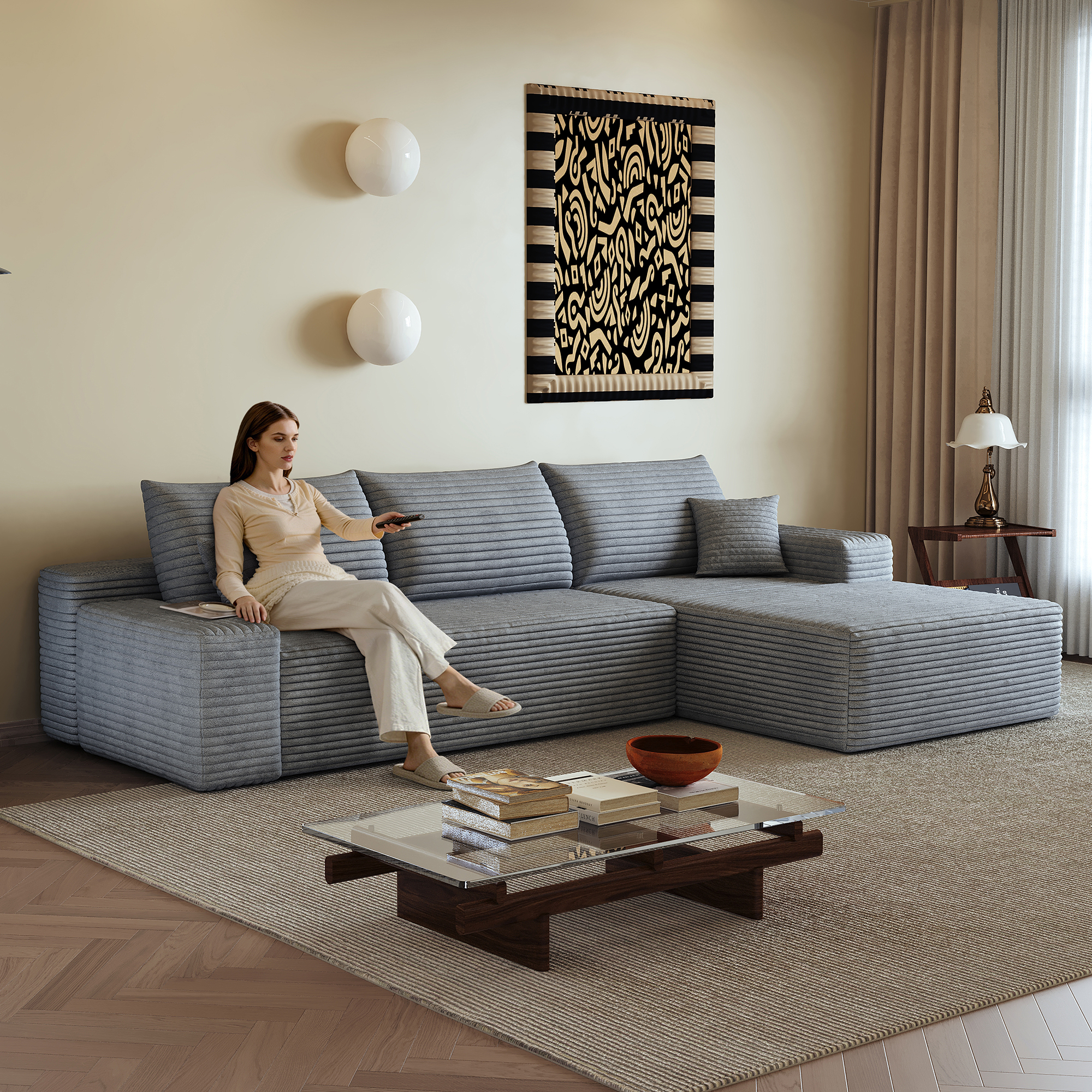 Canapé d’angle convertible en L 3 places 270 x 175 x 83 cm, Velours côtelé, gris foncé - présentation 1