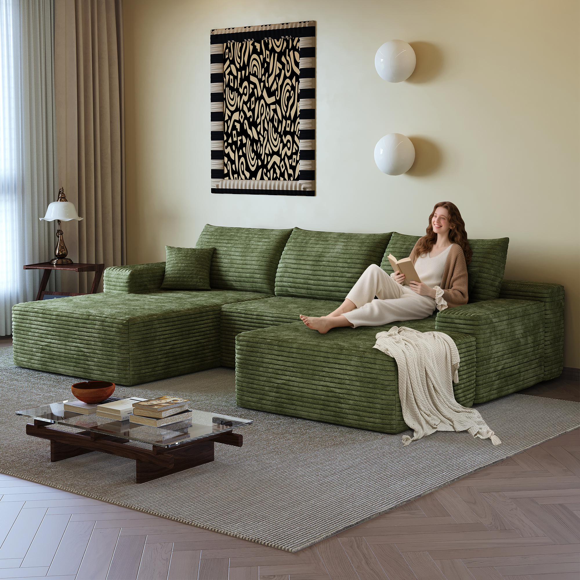 Canapé d’angle modulable 4 places 270 x 175 x 83 cm canapé en L avec méridienne, velours côtelé, Vert - présentation 1