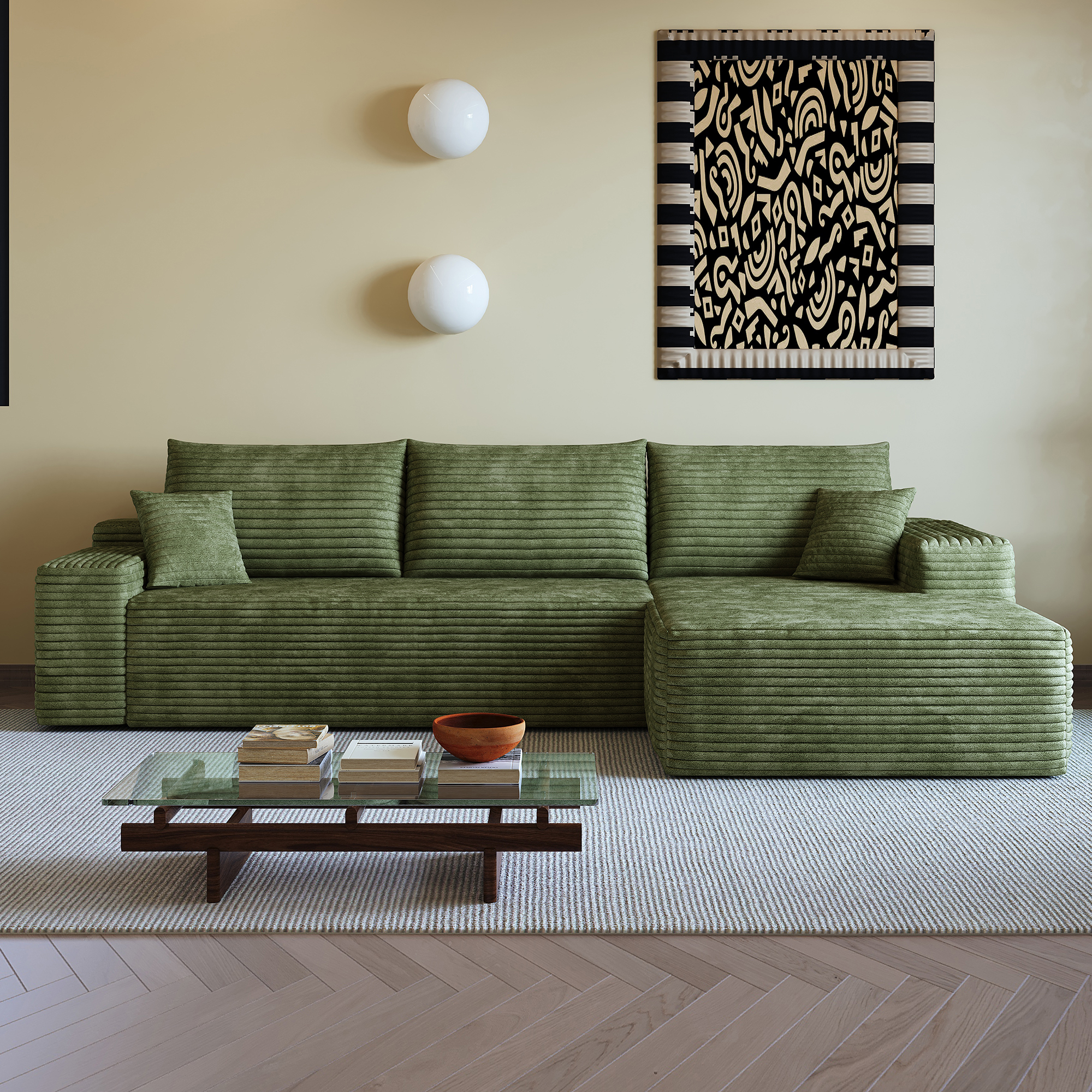 Canapé d’angle convertible en L 3 places 270 x 175 x 83 cm, Velours côtelé, vert - vue principale 1