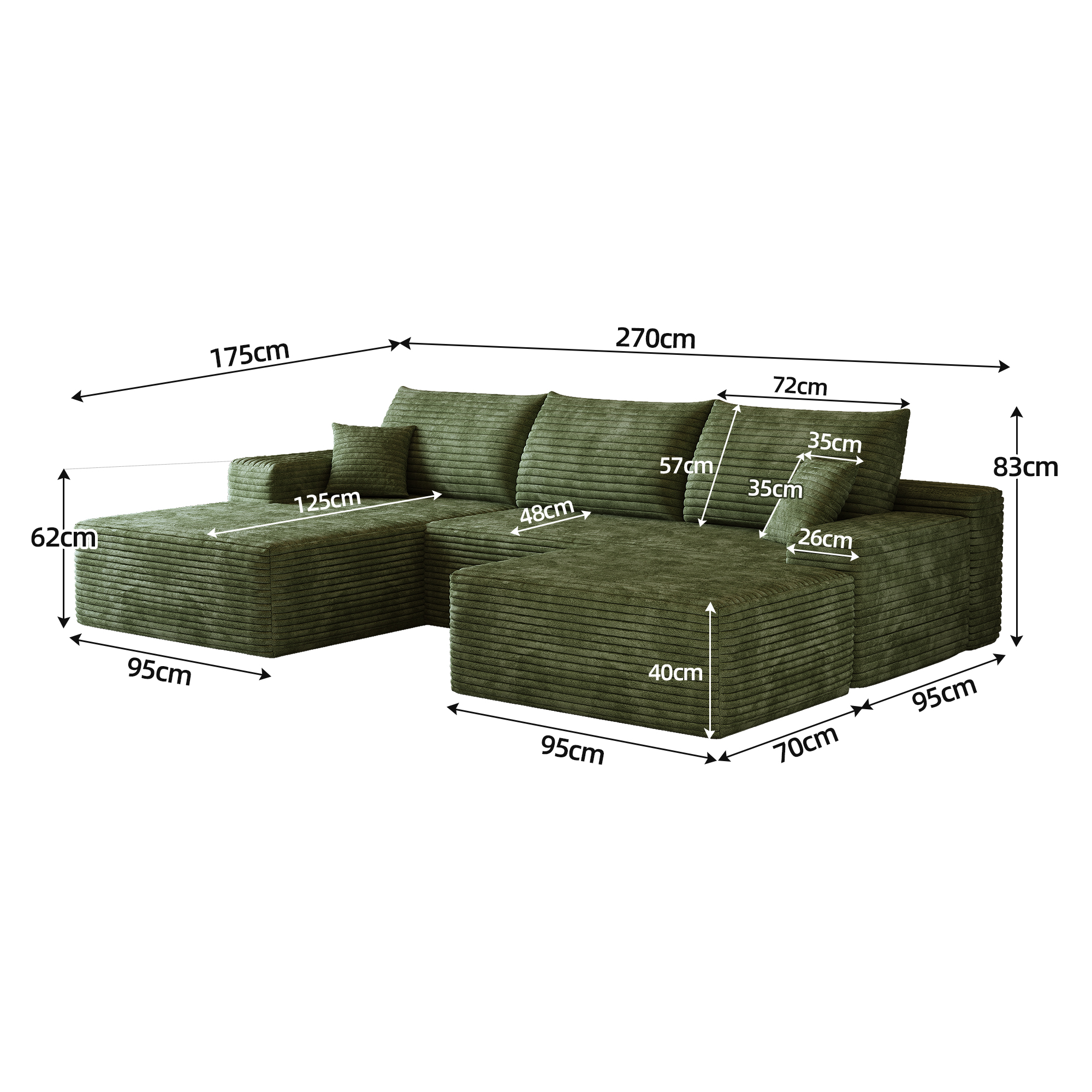 Canapé d’angle modulable 4 places 270 x 175 x 83 cm canapé en L avec méridienne, velours côtelé, Vert - vue complémentaire 1