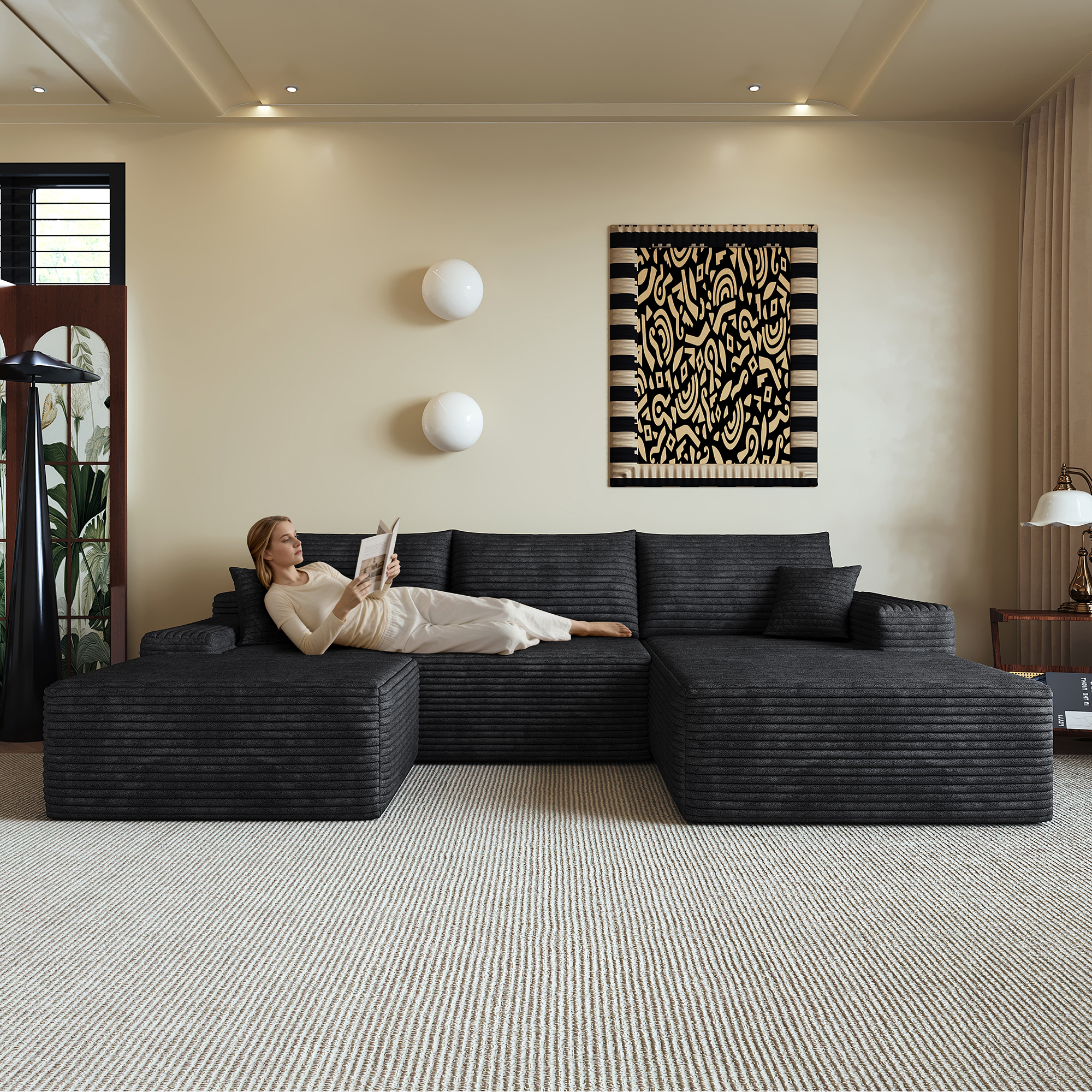 Canapé d’angle modulable 4 places 270 x 175 x 83 cm canapé en L avec méridienne, velours côtelé, Noir - présentation 1