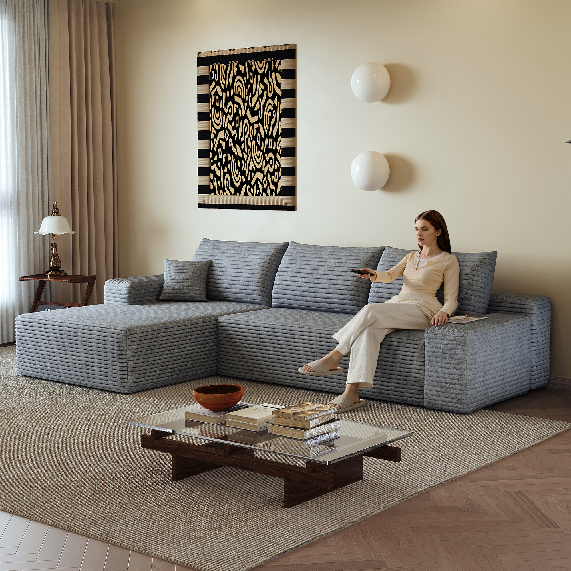 Canapé d’angle convertible en L 3 places 270 x 175 x 83 cm, Velours côtelé, gris foncé - présentation 1