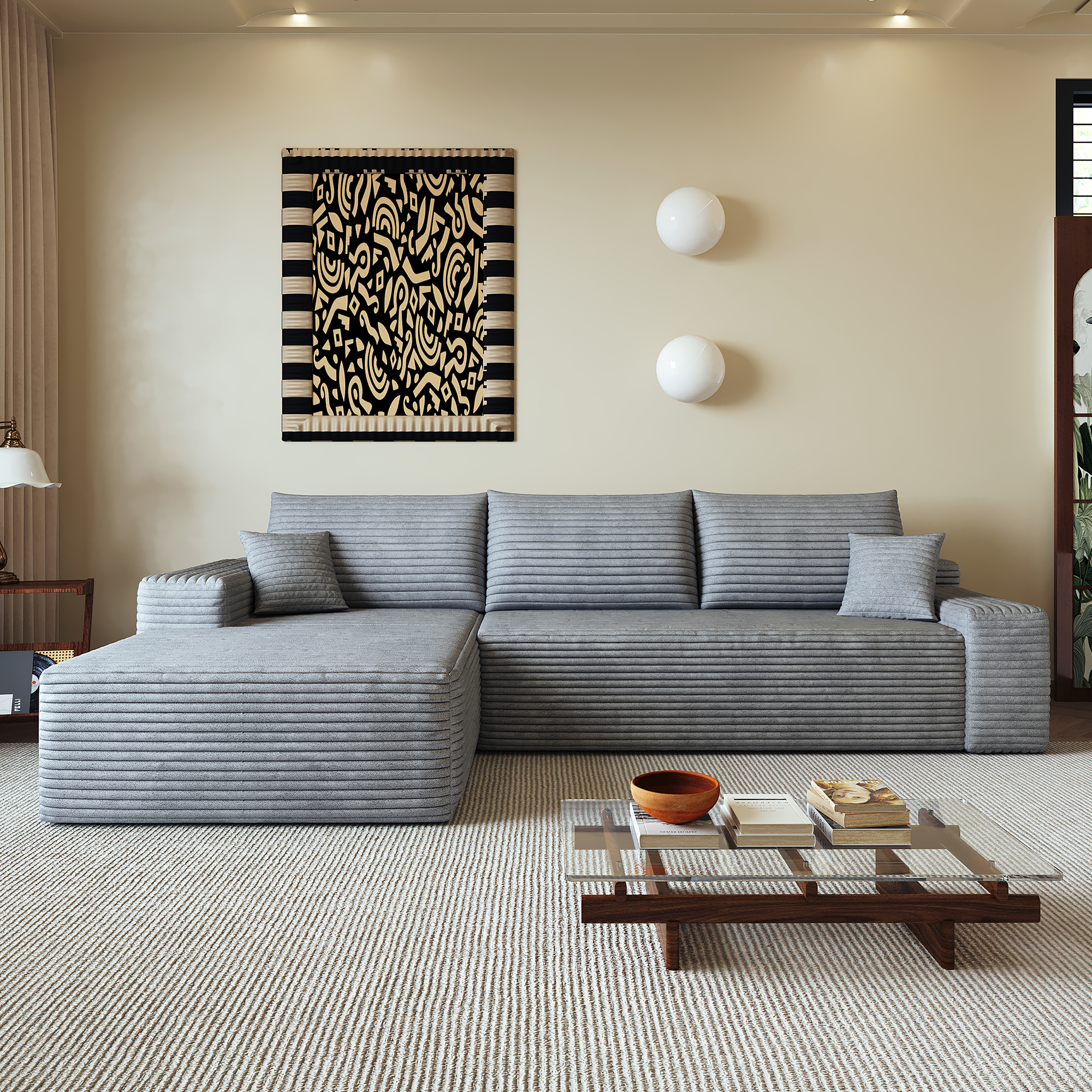 Canapé d’angle convertible en L 3 places 270 x 175 x 83 cm, Velours côtelé, gris foncé - vue principale 1