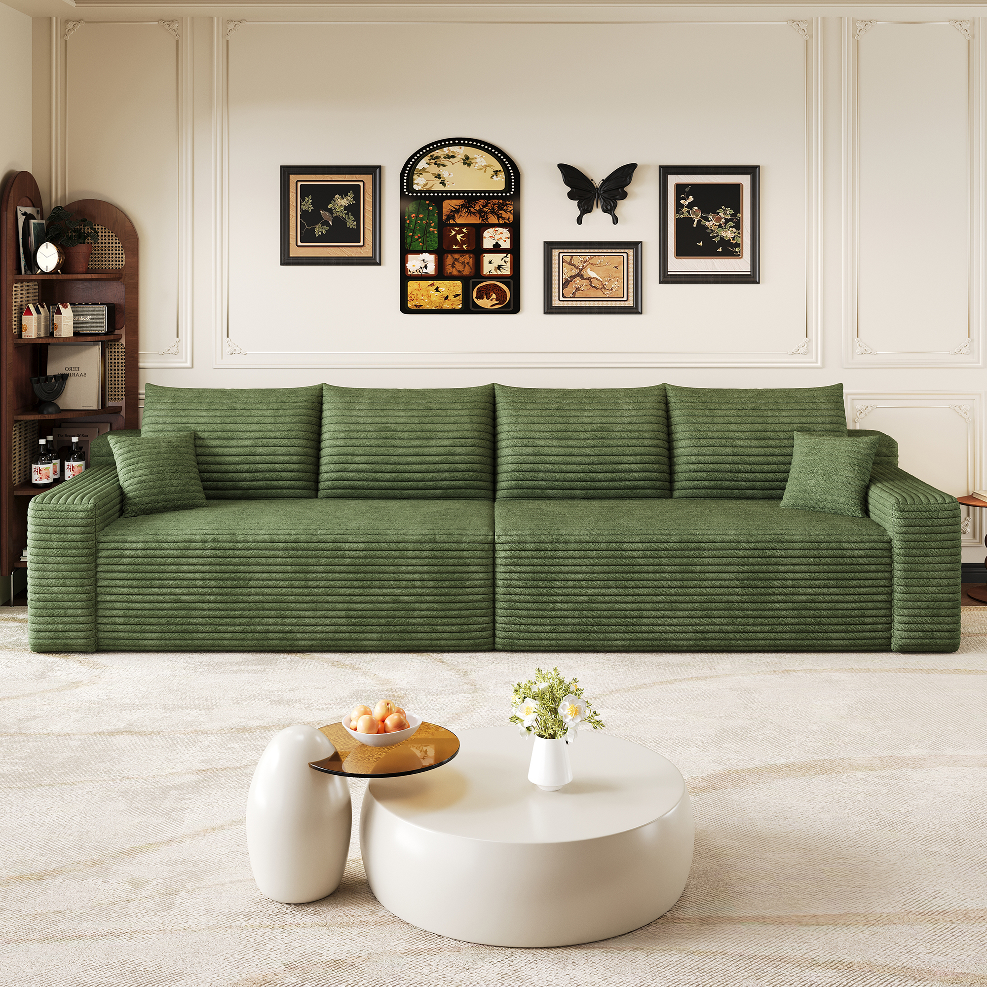 Canapé convertible 4 places 302 x 90 x 58 cm, Velours côtelé, vert - vue principale 1