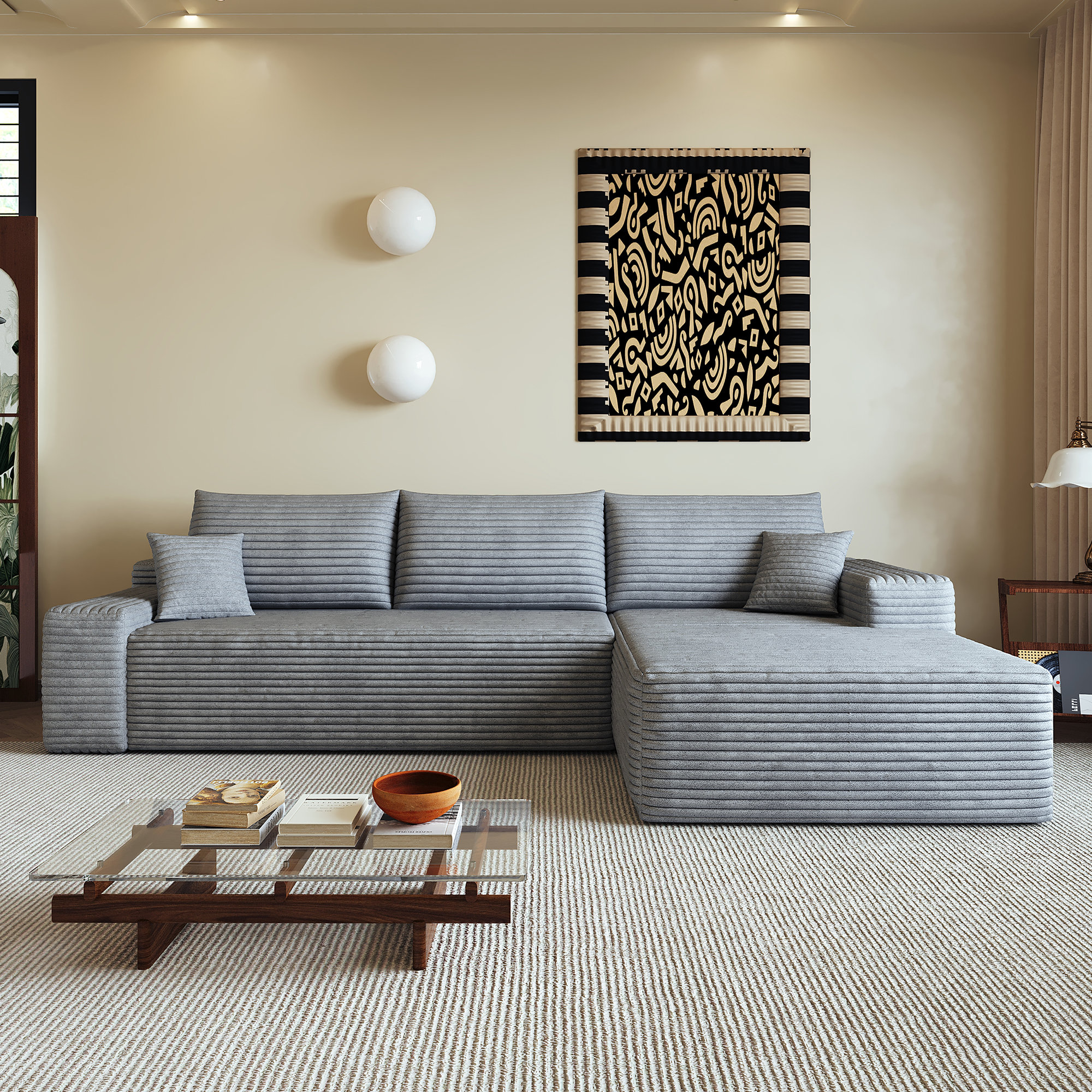 Canapé d’angle convertible en L 3 places 270 x 175 x 83 cm, Velours côtelé, gris foncé - vue principale 1