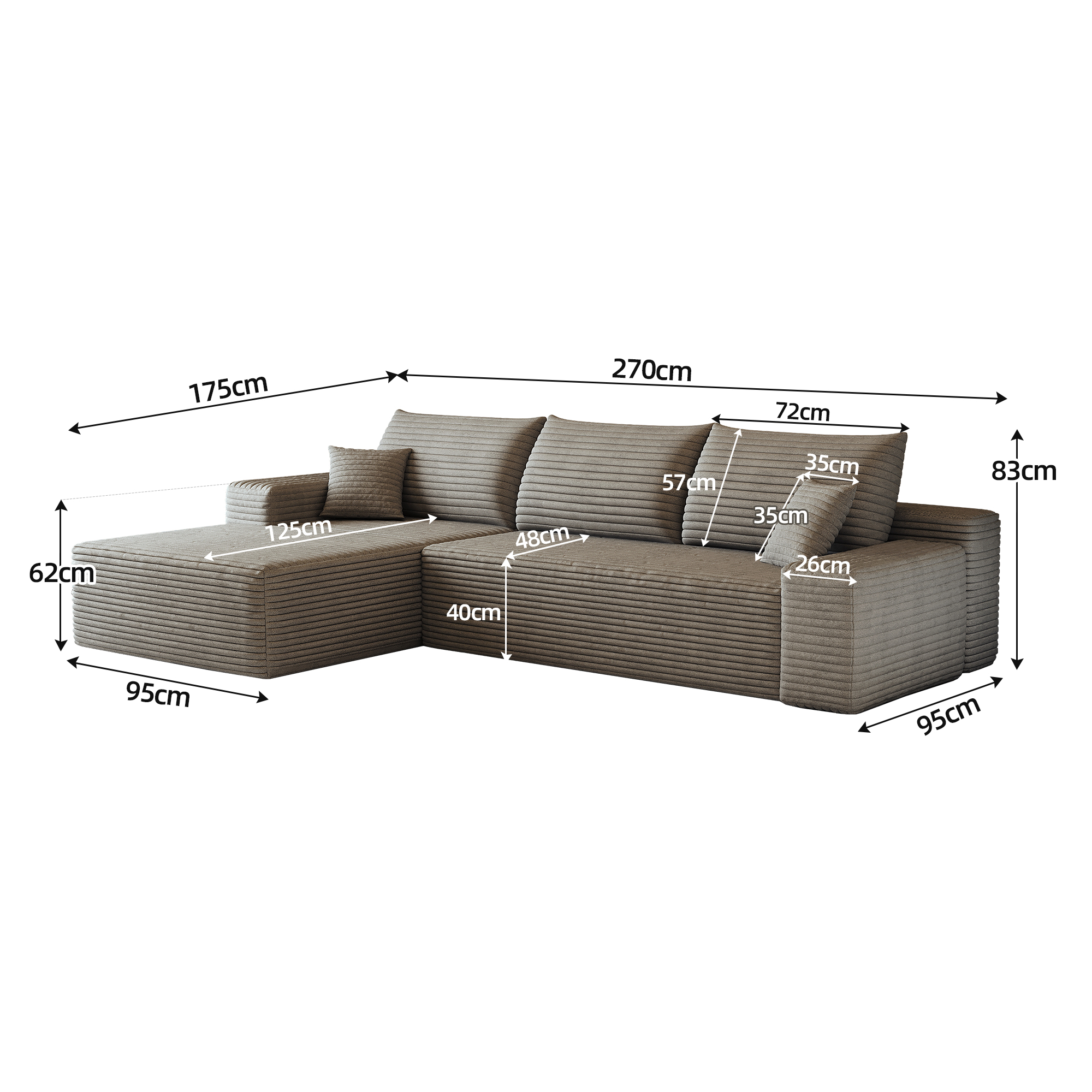 Canapé d’angle convertible en L 3 places 270 x 175 x 83 cm, Velours côtelé, camel - spécifications 1