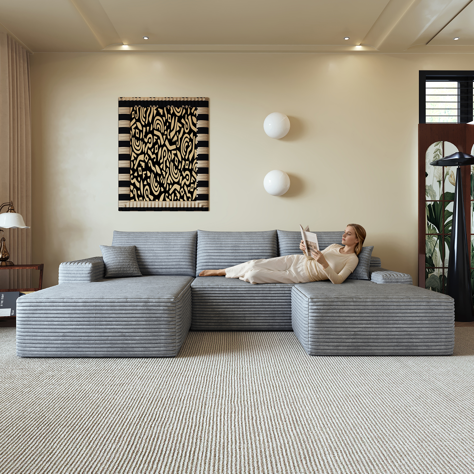 Canapé d’angle modulable 4 places 270 x 175 x 83 cm canapé en L avec méridienne, velours côtelé, Gris - présentation 1