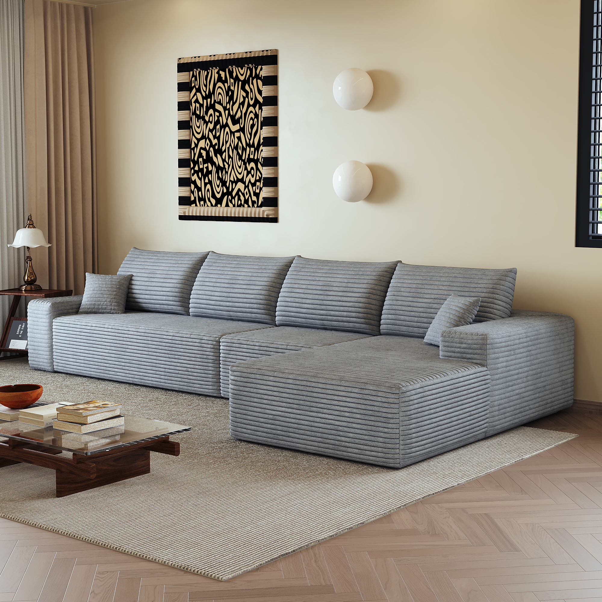 Canapé d’angle en L 4 places 270 x 175 x 83 cm, convertible, modulable, sans montage, en velours côtelé, Gris - vue principale
