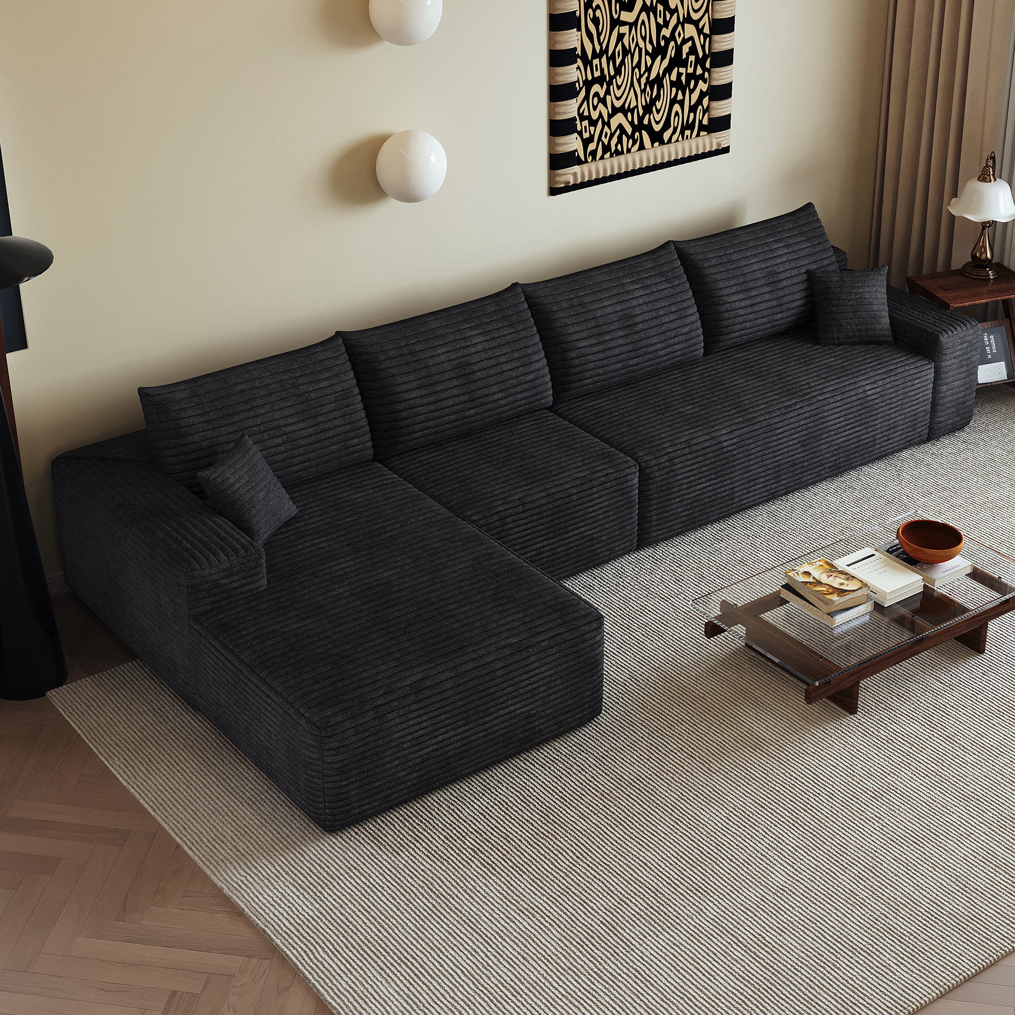 Canapé sans montage en velours côtelé rayé, mousse haute élasticité, prêt en 72h, lignes fluides, pour salon, confort doux, livraison compacte, design élégant, ambiance chaleureuse, usage quotidien - image 1