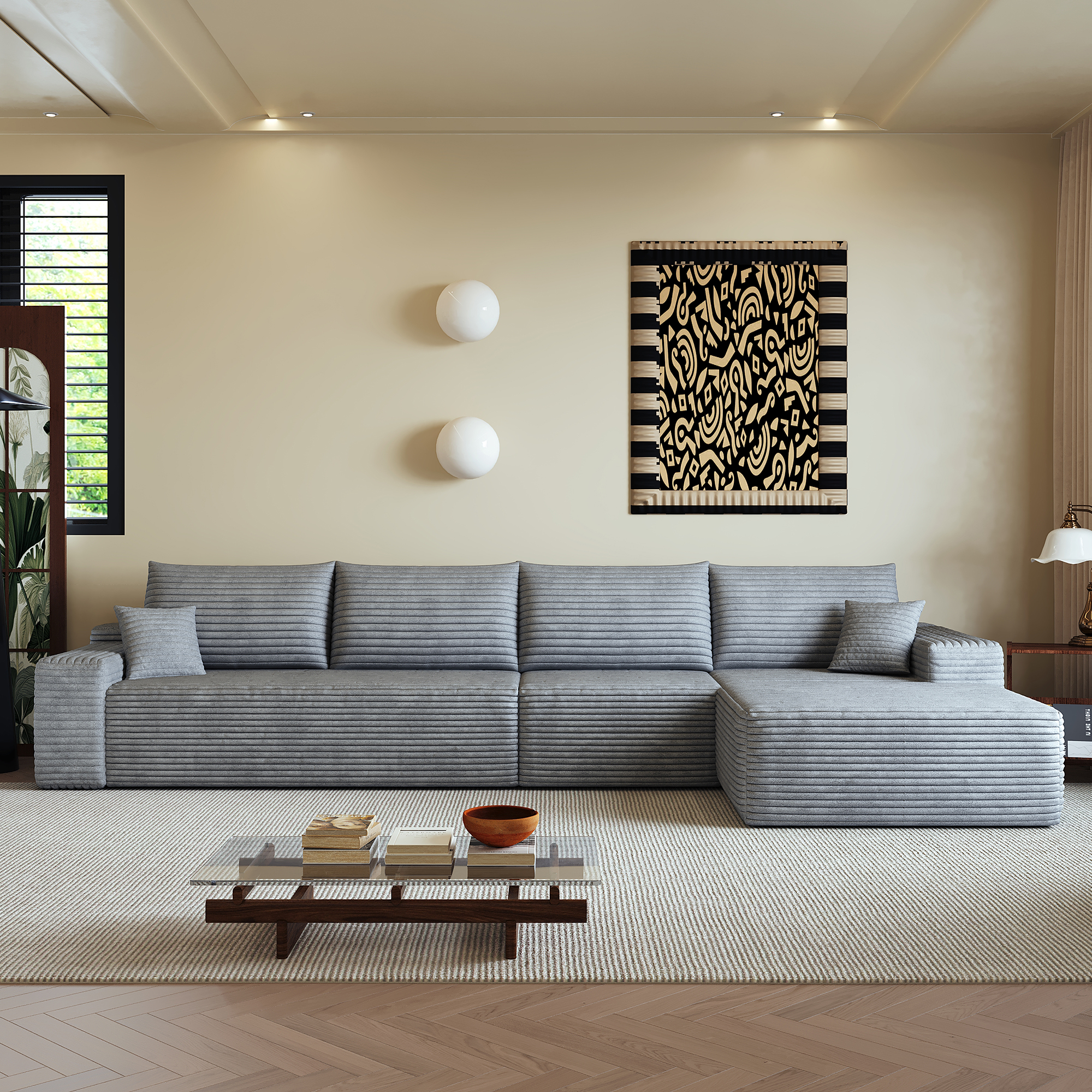 Canapé d’angle en L 4 places 270 x 175 x 83 cm, convertible, modulable, sans montage, en velours côtelé, Gris - dimensions et spécifications