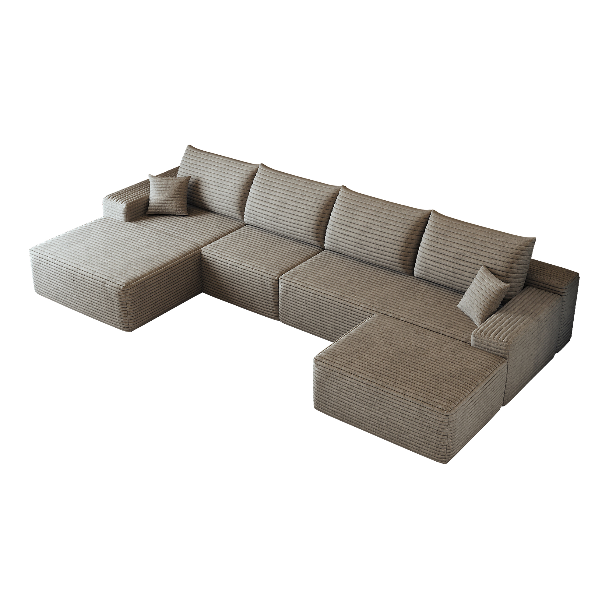 Canapé d’angle en L 5 places 270 x 175 x 83 cm, convertible, modulable, sans montage, en velours côtelé, Camel - détails