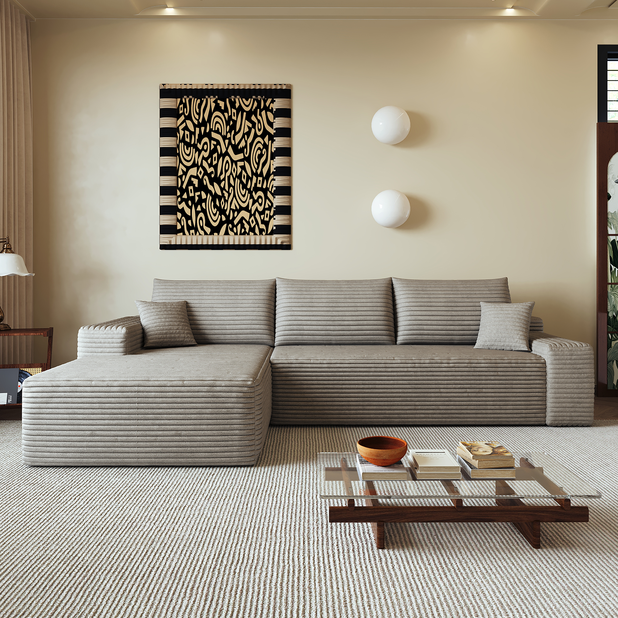 Canapé d’angle convertible en L 3 places 270 x 175 x 83 cm, Velours côtelé, camel - vue principale 1