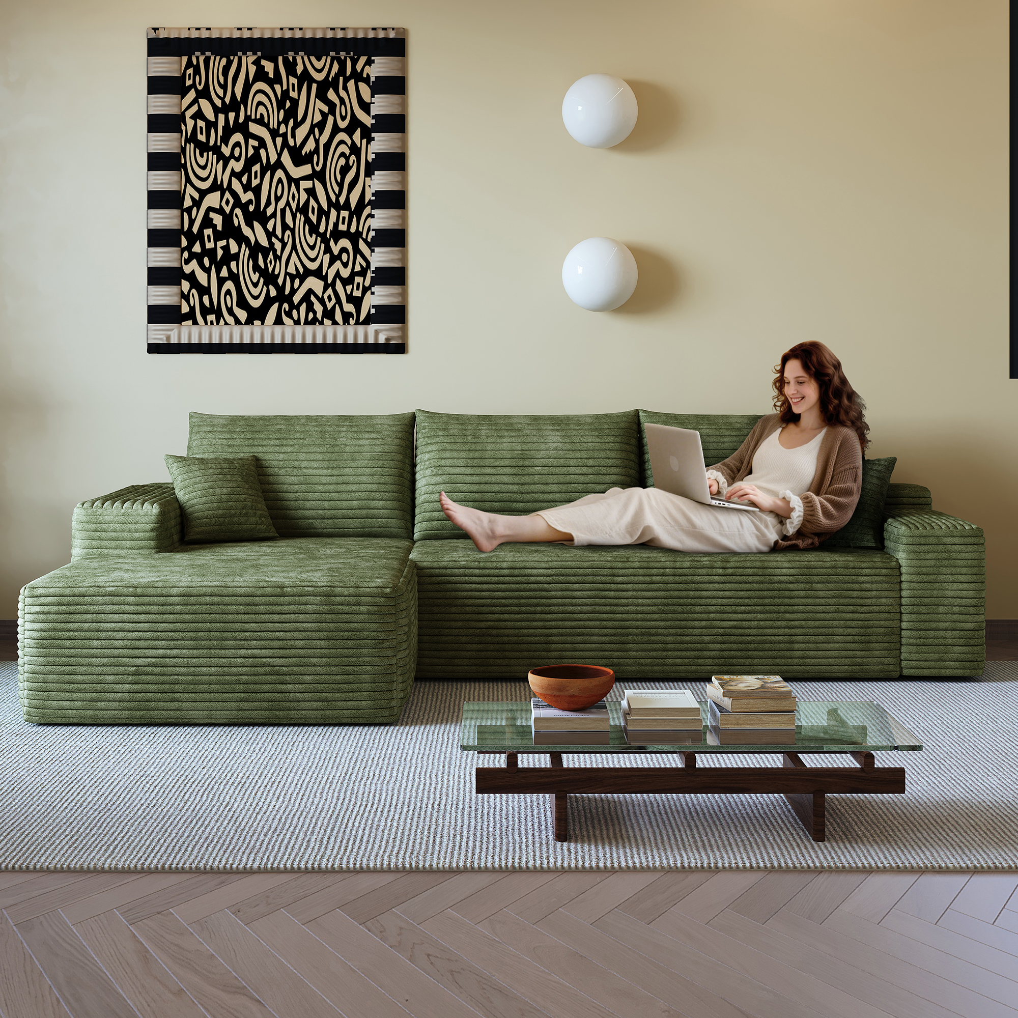 Canapé d’angle convertible en L 3 places 270 x 175 x 83 cm, Velours côtelé, vert - vue principale 1