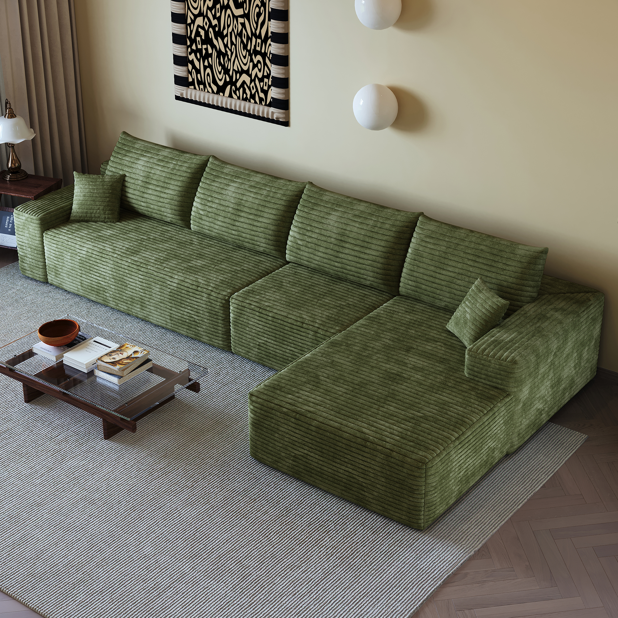 Canapé d’angle en L 4 places 270 x 175 x 83 cm, convertible, modulable, sans montage, en velours côtelé, Vert - vue complémentaire
