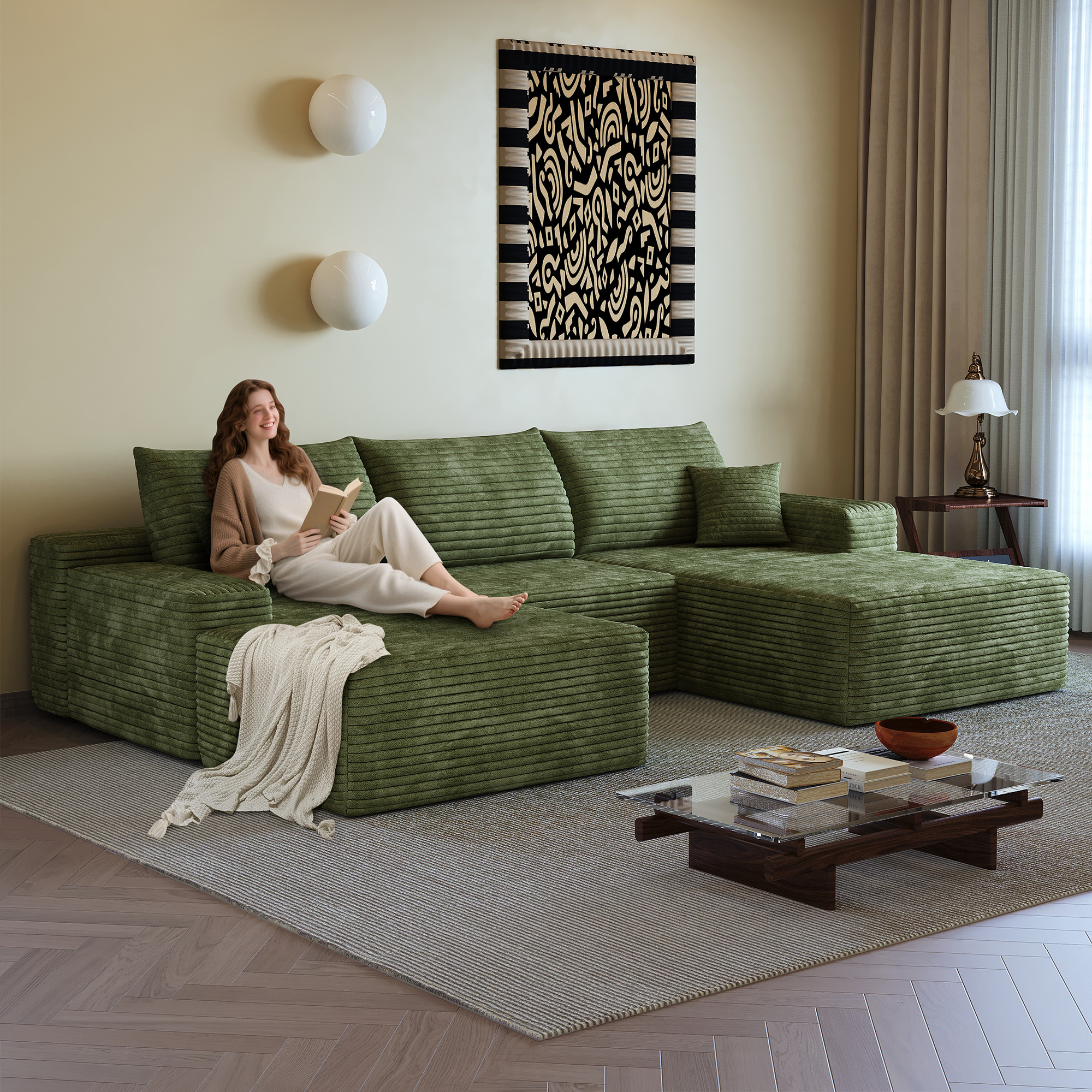 Canapé d’angle modulable 4 places 270 x 175 x 83 cm canapé en L avec méridienne, velours côtelé, Vert - présentation 1
