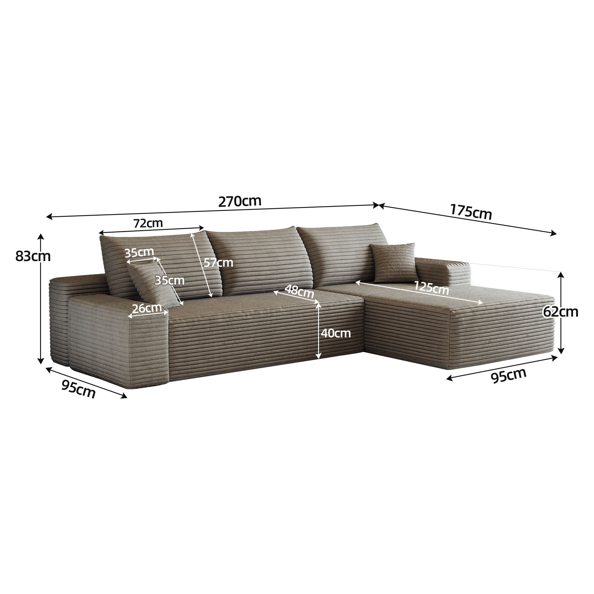 Canapé d’angle convertible en L 3 places 270 x 175 x 83 cm, Velours côtelé, camel - spécifications 1