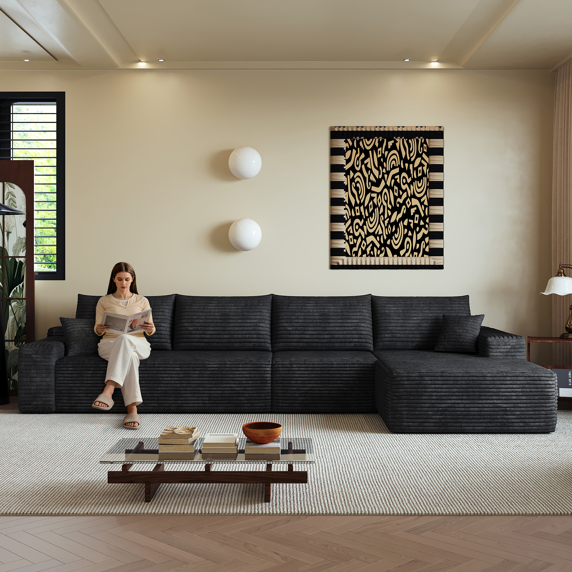 Canapé d’angle en L 4 places 270 x 175 x 83 cm, convertible, modulable, sans montage, en velours côtelé, Noir - vue principale