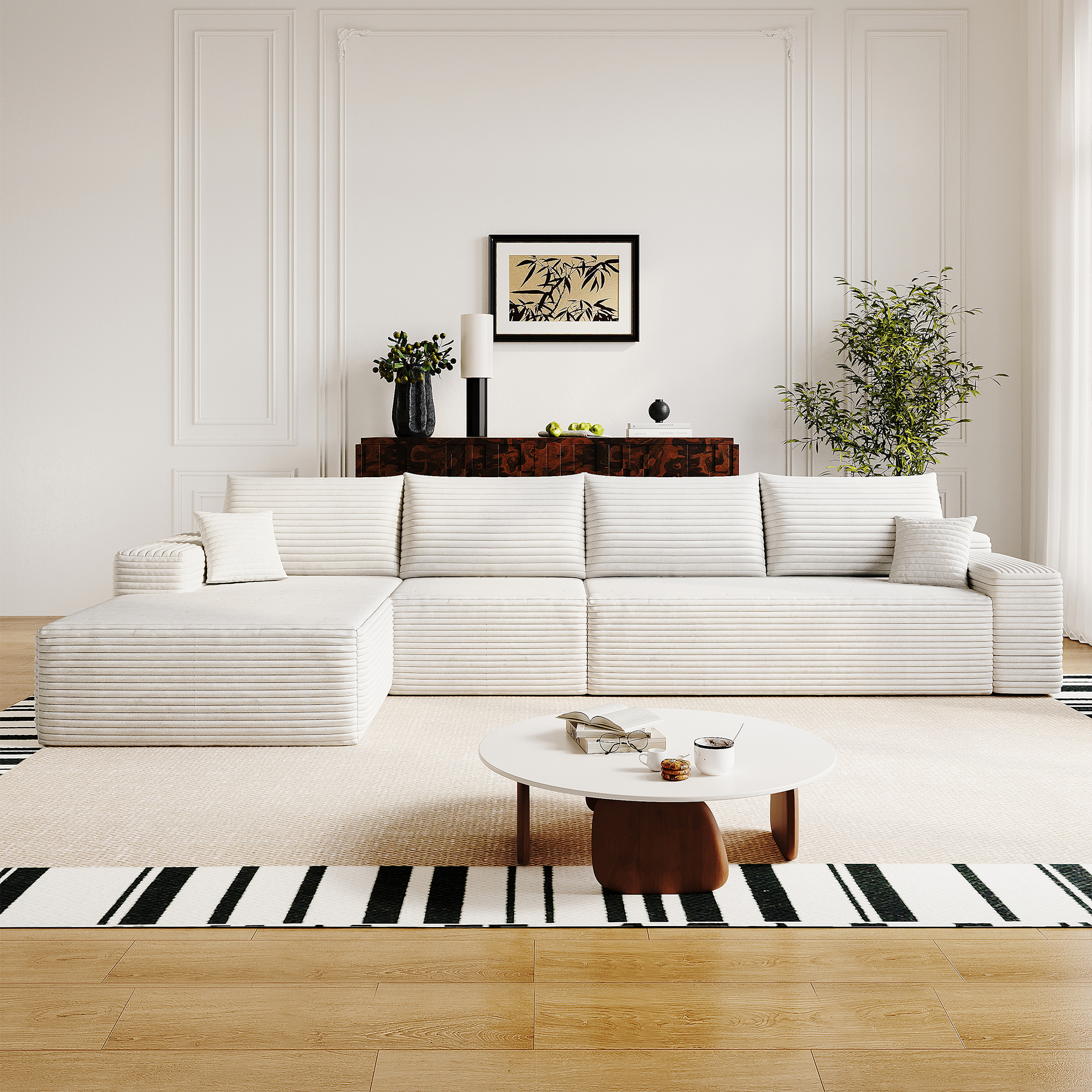 Canapé d’angle en L 4 places 270 x 175 x 83 cm, convertible, modulable, sans montage, en velours côtelé, Blanc - vue principale