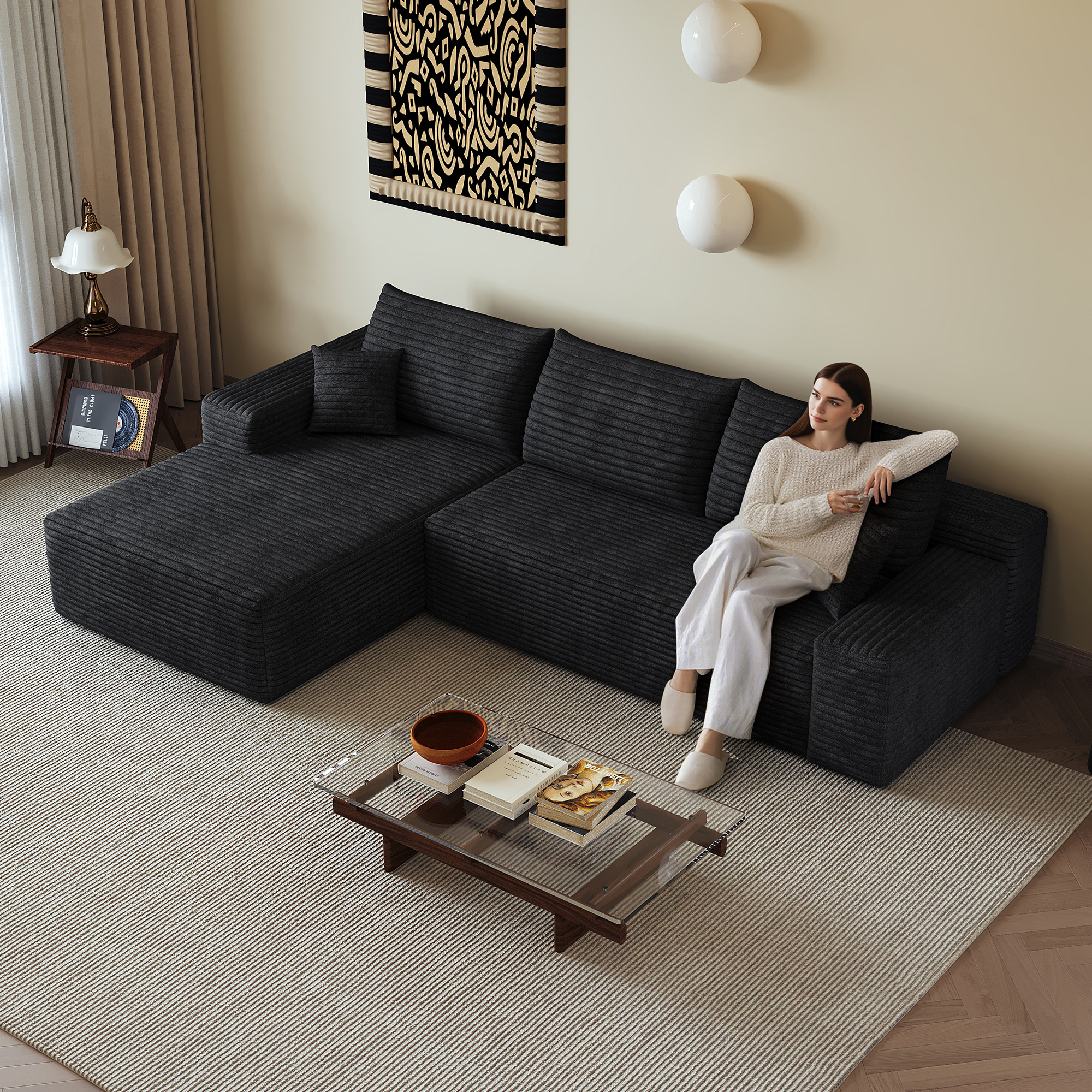 Canapé d’angle convertible en L 3 places 270 x 175 x 83 cm, Velours côtelé, noir - vue principale 1