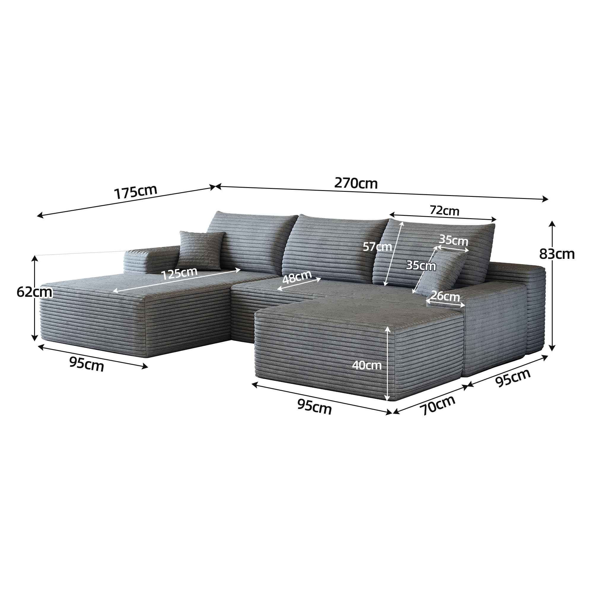 Canapé d’angle modulable 4 places 270 x 175 x 83 cm canapé en L avec méridienne, velours côtelé, Gris - vue complémentaire 1