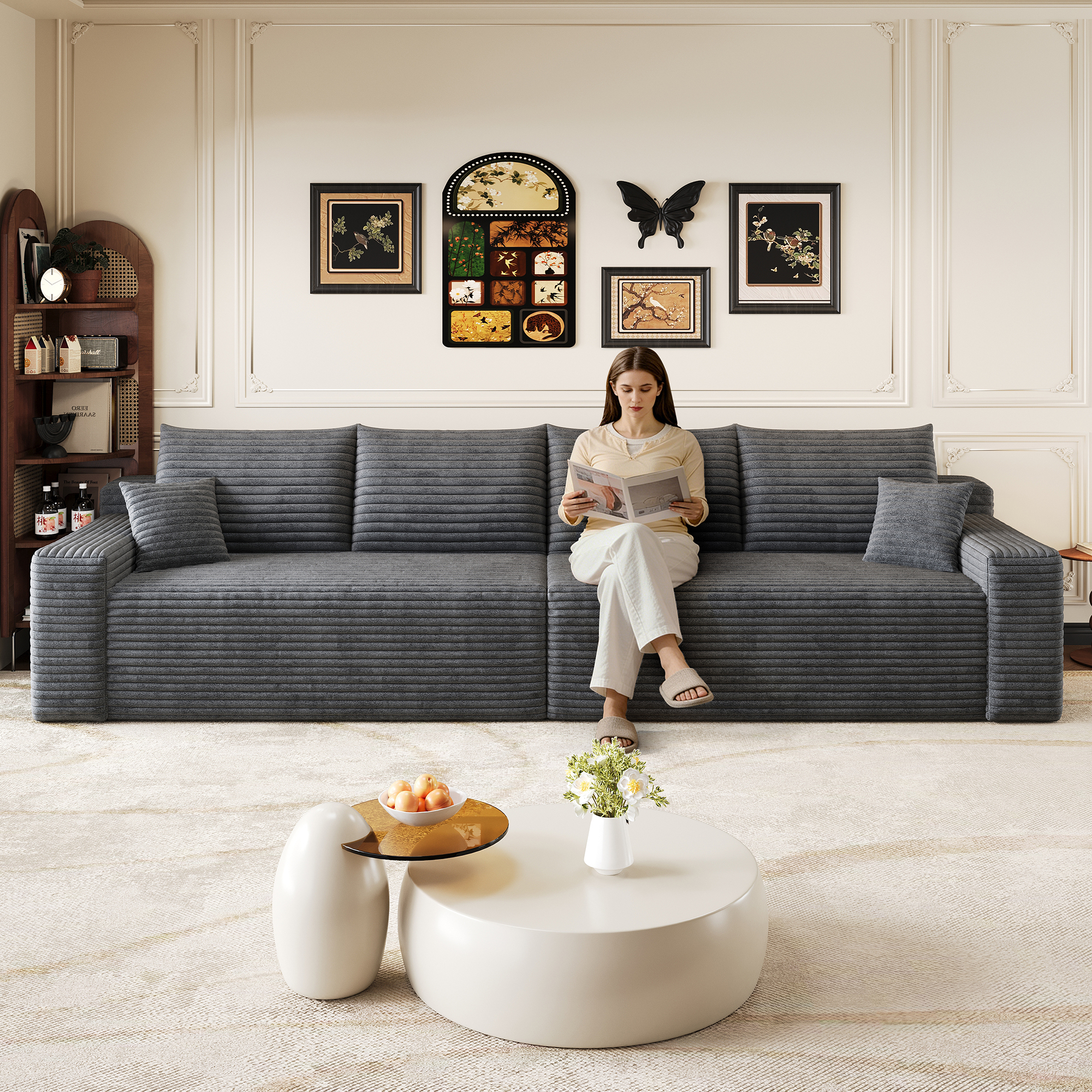 Canapé convertible 4 places 302 x 90 x 58 cm, Velours côtelé, gris foncé - présentation 1
