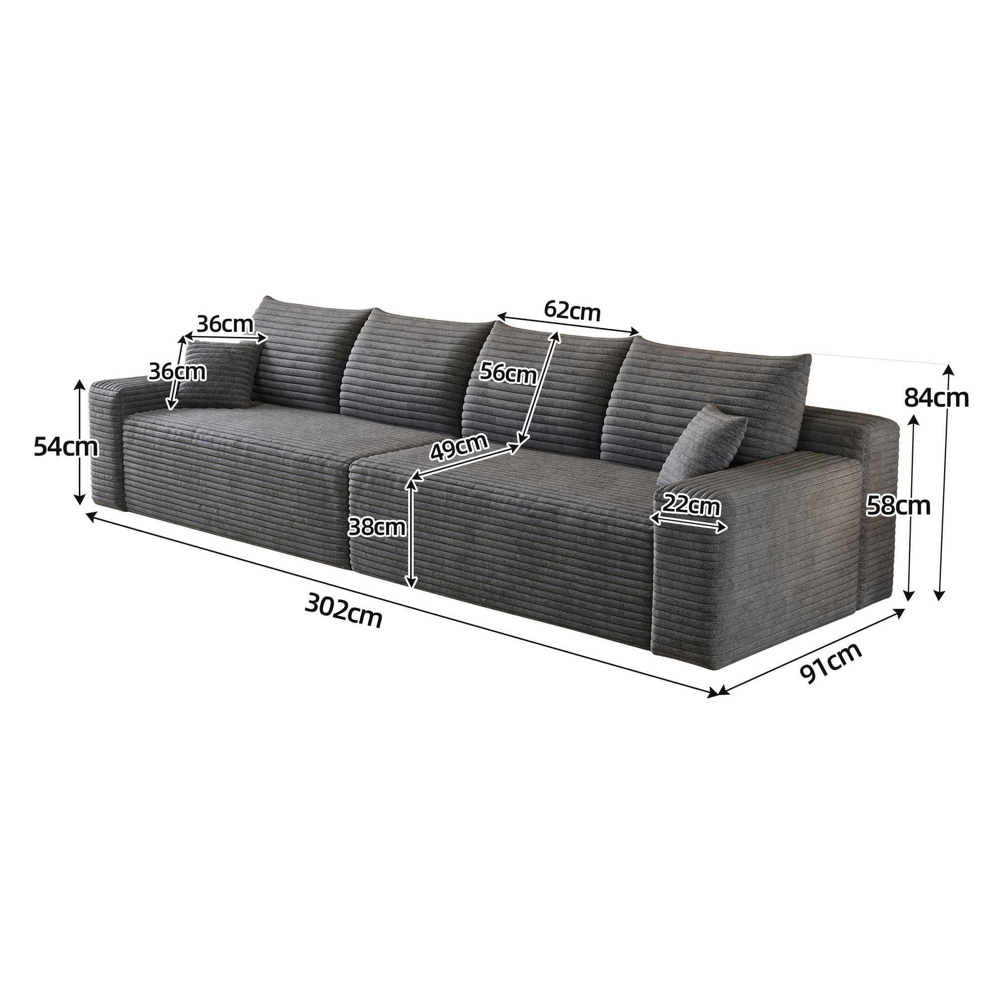 Canapé convertible 4 places 302 x 90 x 58 cm, Velours côtelé, gris foncé - spécifications 1
