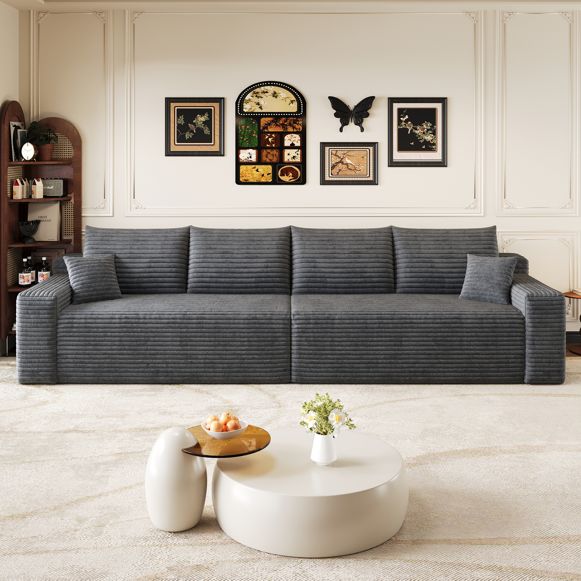 Canapé convertible 4 places 302 x 90 x 58 cm, Velours côtelé, gris foncé - vue principale 1