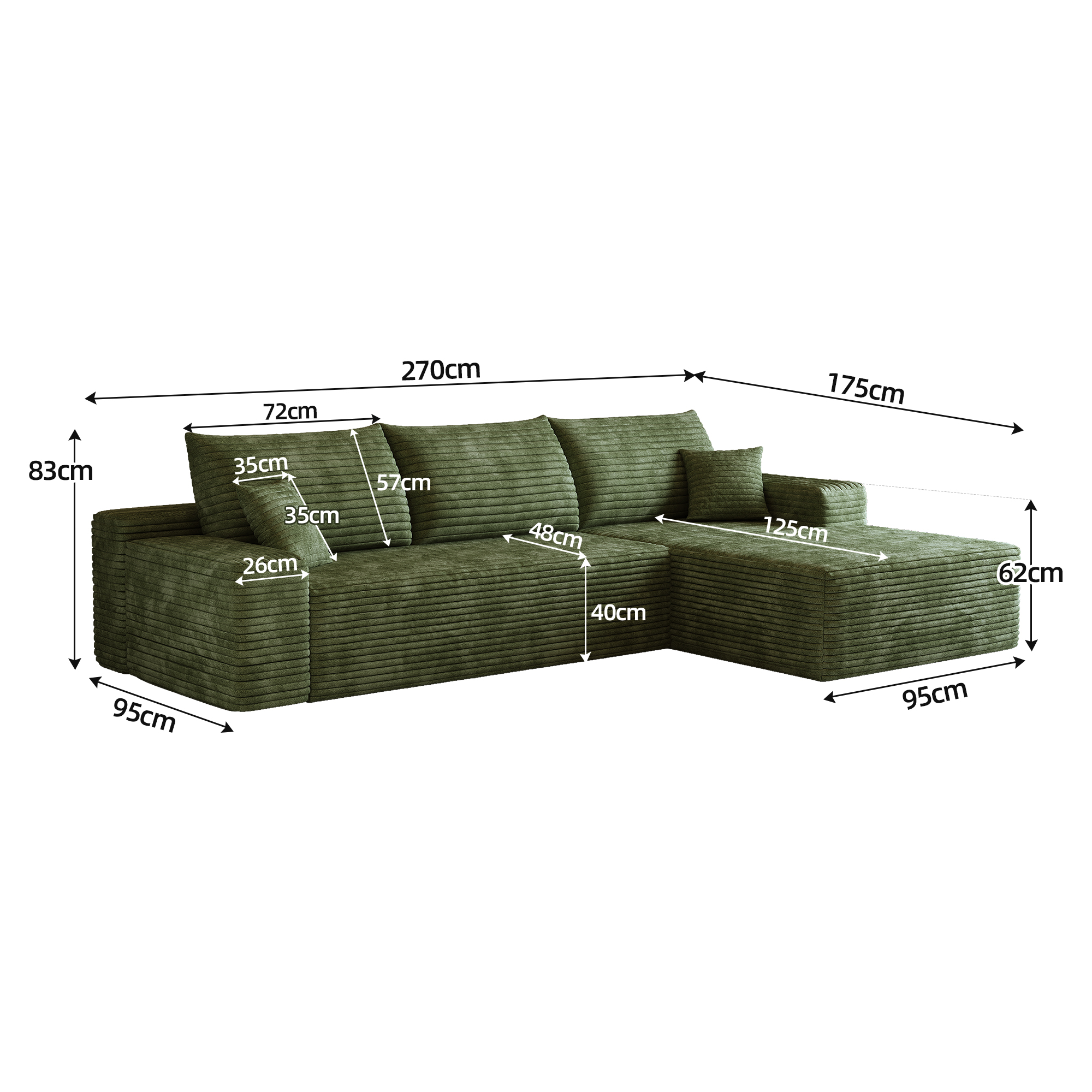 Canapé d’angle convertible en L 3 places 270 x 175 x 83 cm, Velours côtelé, vert - spécifications 1