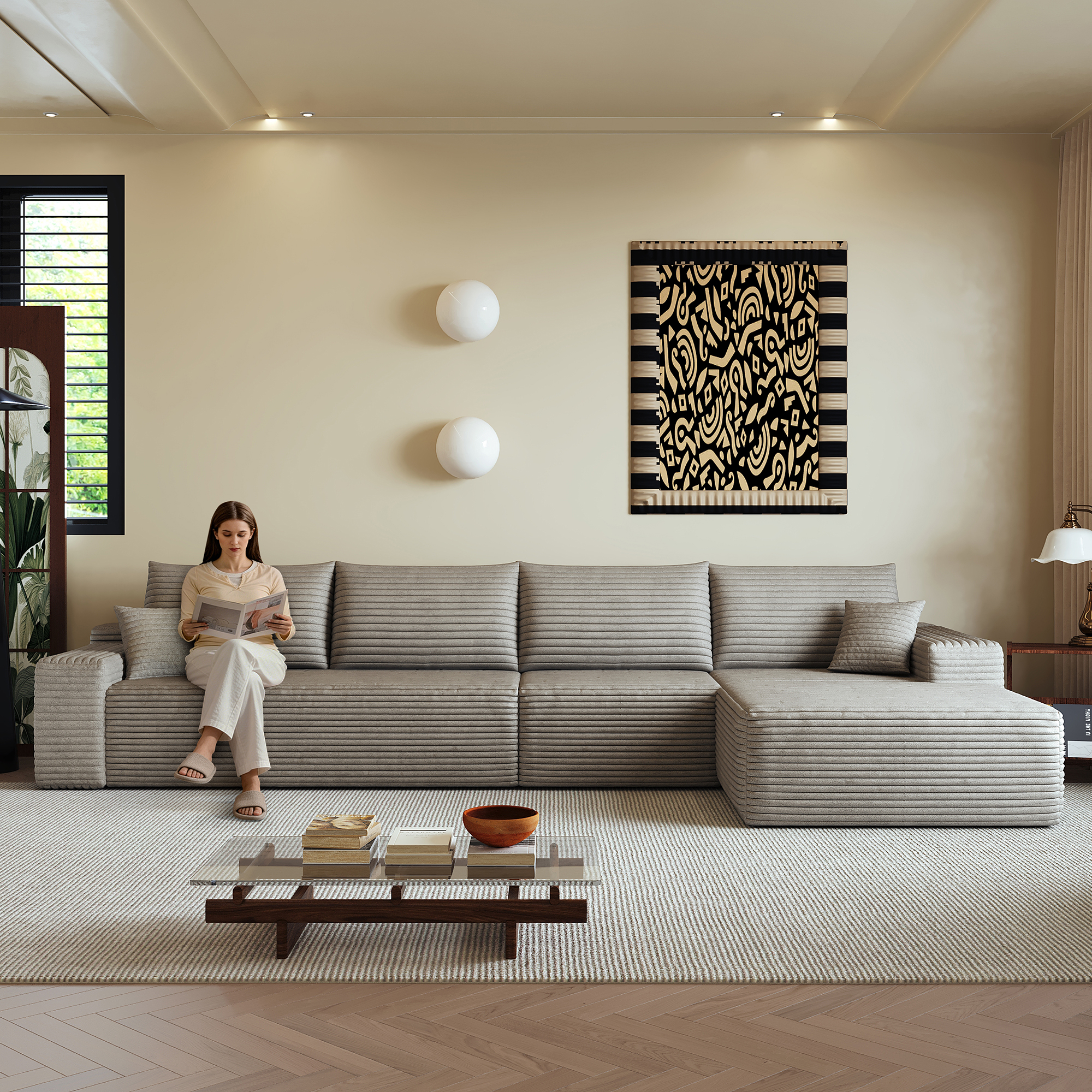 Canapé d’angle en L 4 places 270 x 175 x 83 cm, convertible, modulable, sans montage, en velours côtelé, Camel - vue principale