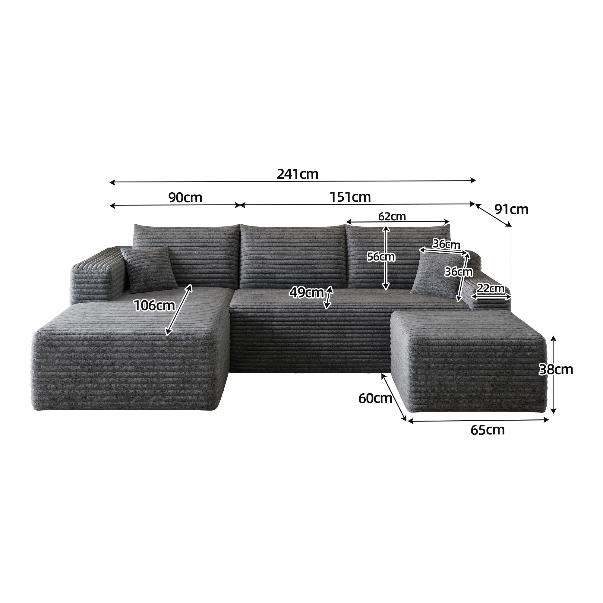 Canapé d’angle 4 places 241x151x58 cm en tissu gris - points forts 1