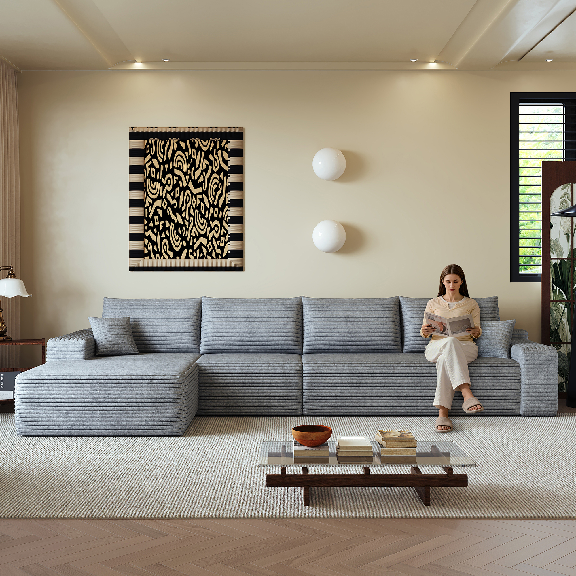 Canapé d’angle en L 4 places 270 x 175 x 83 cm, convertible, modulable, sans montage, en velours côtelé, Gris - vue principale
