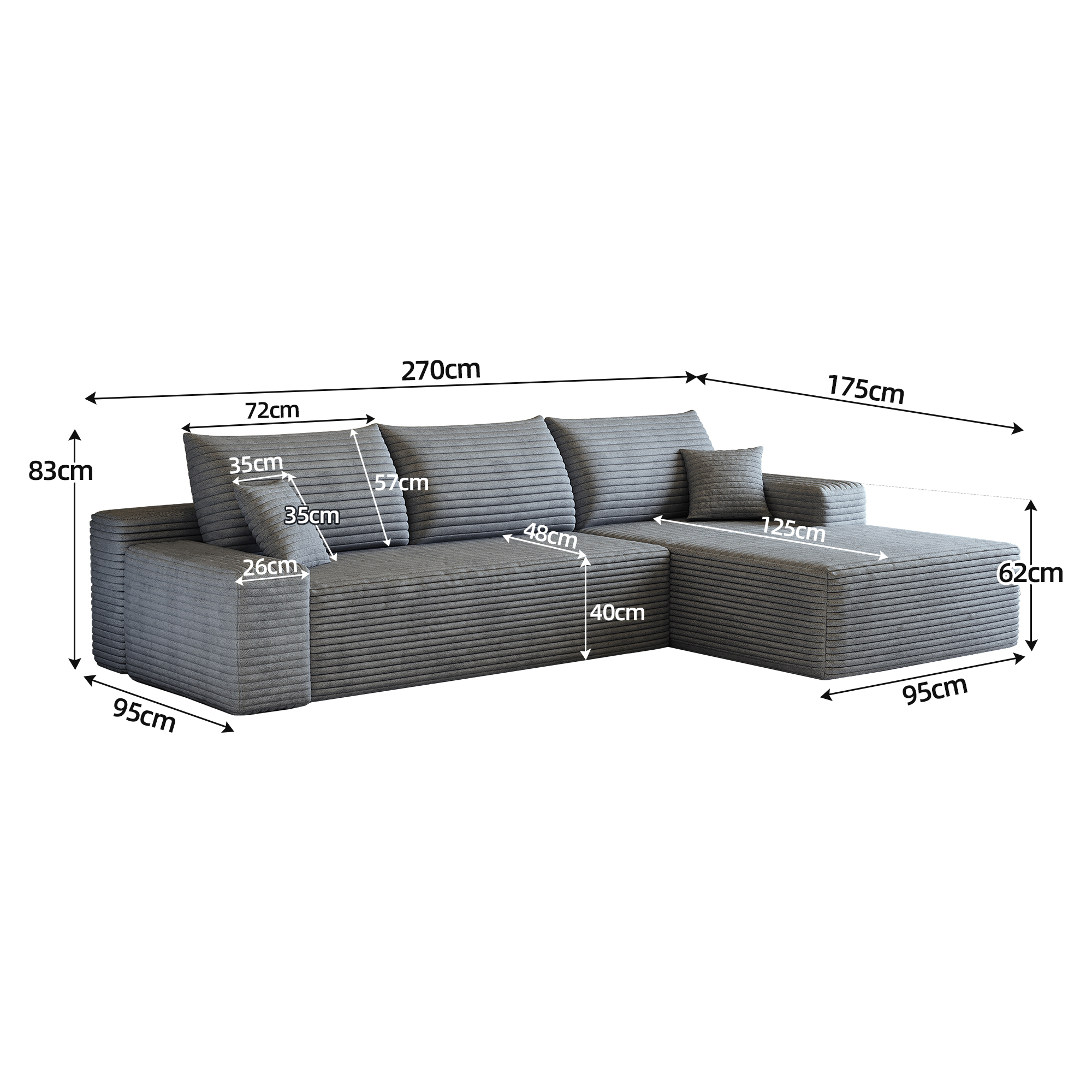 Canapé d’angle convertible en L 3 places 270 x 175 x 83 cm, Velours côtelé, gris foncé - spécifications 1