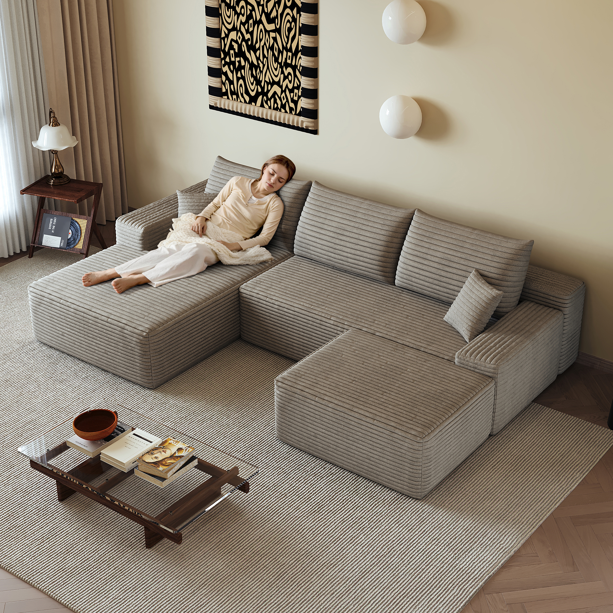 Canapé d’angle modulable 4 places 270 x 175 x 83 cm canapé en L avec méridienne, velours côtelé, Camel - présentation 1