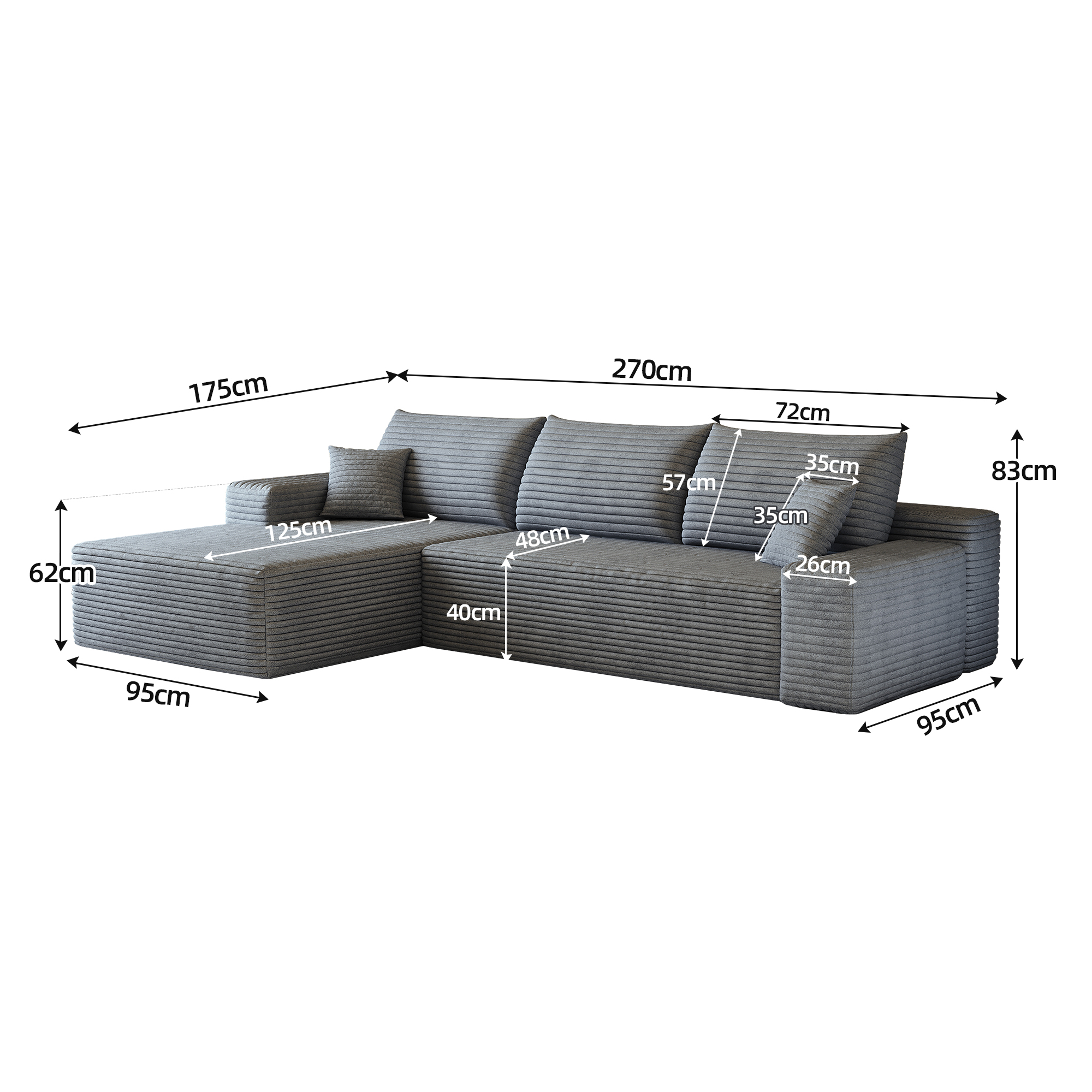 Canapé d’angle convertible en L 3 places 270 x 175 x 83 cm, Velours côtelé, gris foncé - spécifications 1