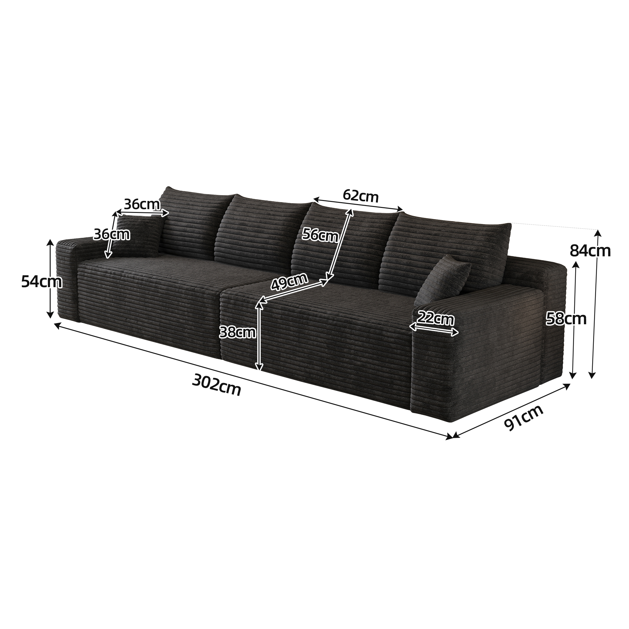 Canapé convertible 4 places 302 x 91 x 58 cm, Velours côtelé, noir - spécifications 1