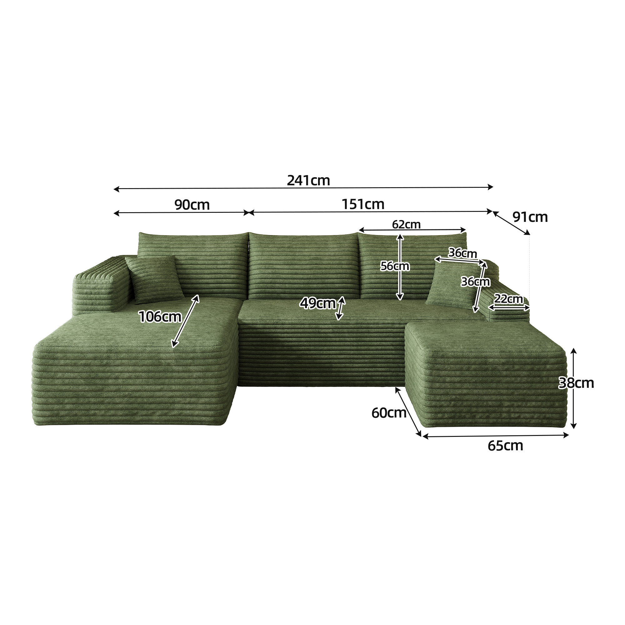 Canapé d’angle 4 places 241x151x58 cm en tissu vert - points forts 1