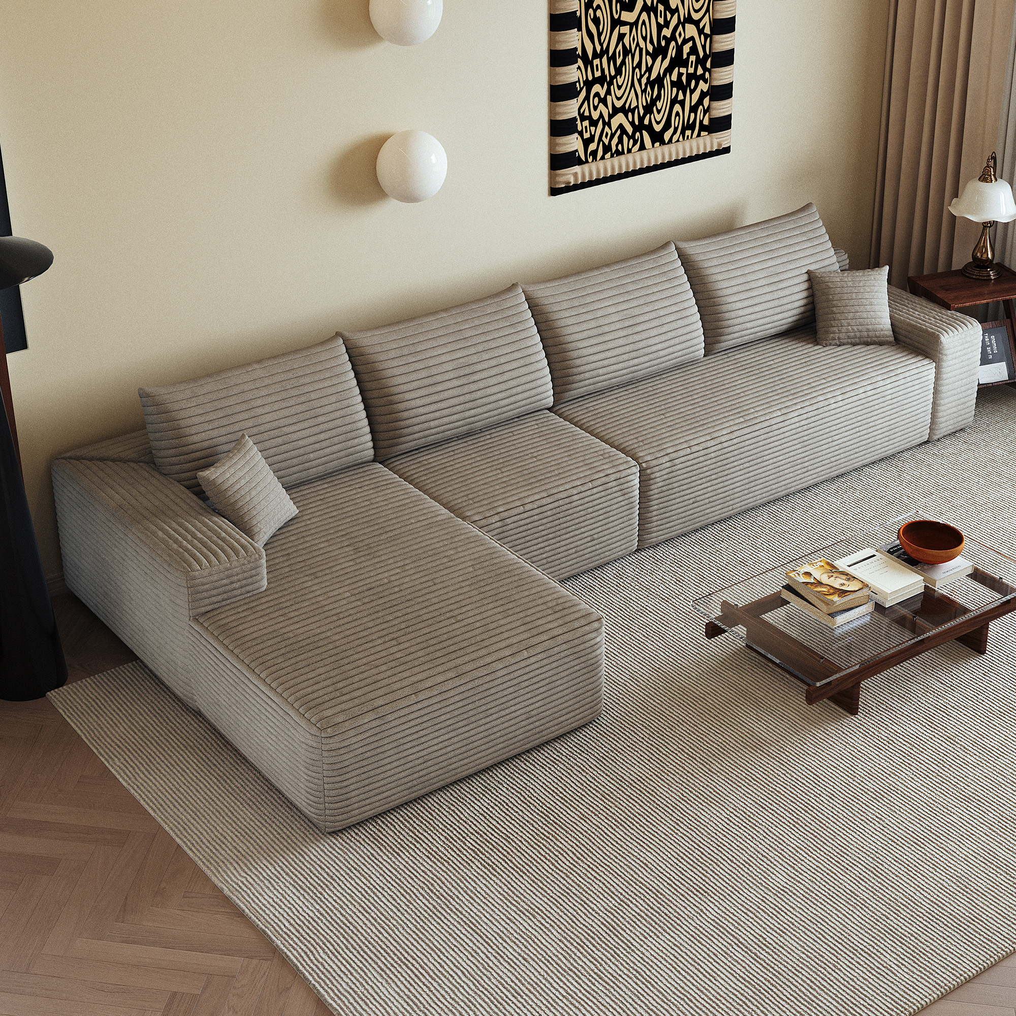 Canapé d’angle en L 4 places 270 x 175 x 83 cm, convertible, modulable, sans montage, en velours côtelé, Camel - vue complémentaire