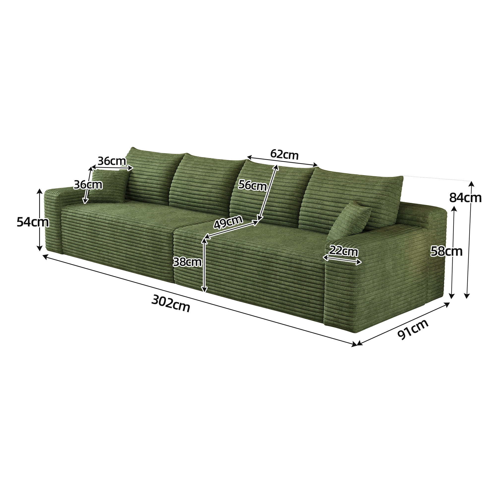 Canapé convertible 4 places 302 x 90 x 58 cm, Velours côtelé, vert - spécifications 1