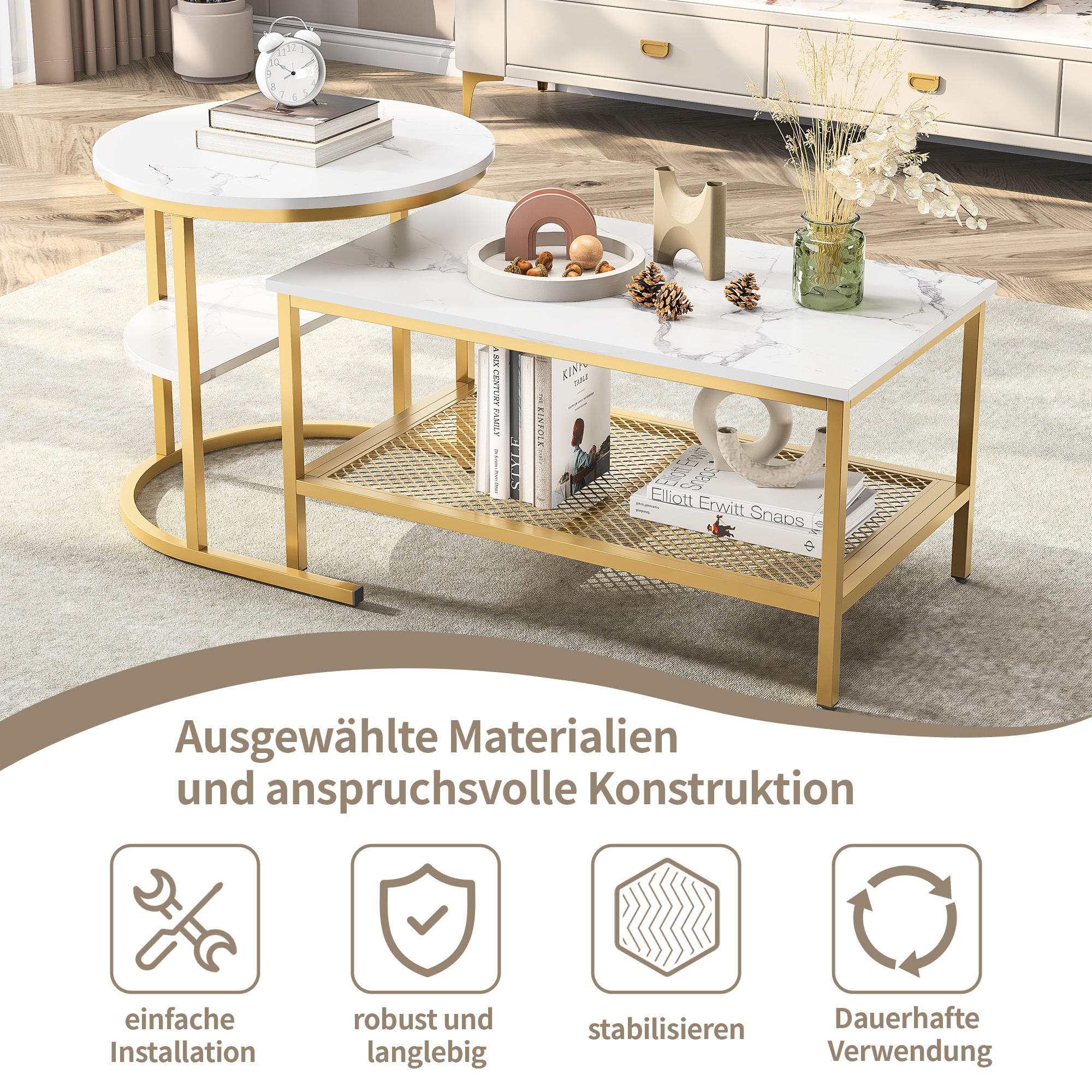 Ensemble tables gigognes dorées avec plateau marbre, 2 tables grande et petite, utilisation combinée ou séparée, étagère de rangement, pour salon, style light luxury, flexible, s'adapte à différents espaces - image 8