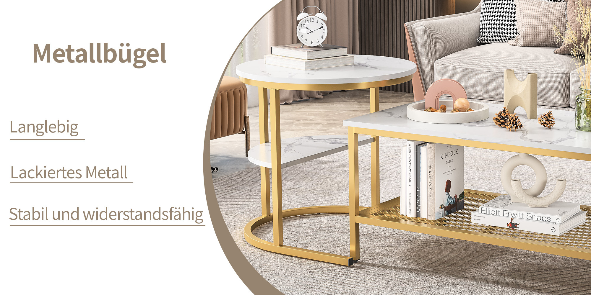 Ensemble tables gigognes dorées avec plateau marbre, 2 tables grande et petite, utilisation combinée ou séparée, étagère de rangement, pour salon, style light luxury, flexible, s'adapte à différents espaces - image 2