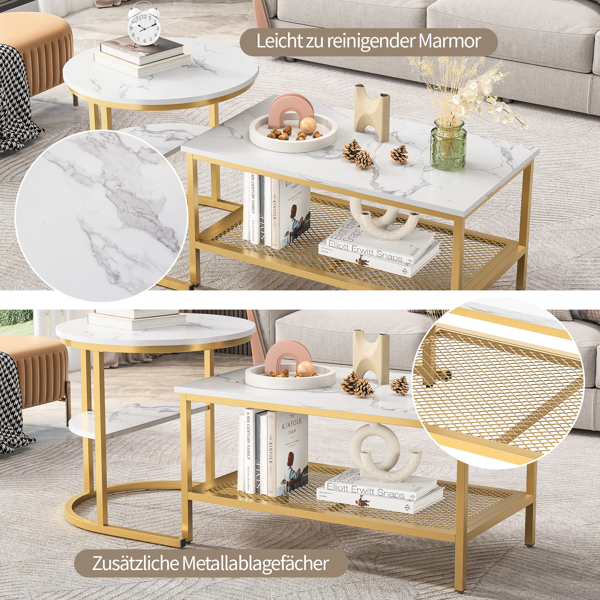 Ensemble tables gigognes dorées avec plateau marbre, 2 tables grande et petite, utilisation combinée ou séparée, étagère de rangement, pour salon, style light luxury, flexible, s'adapte à différents espaces - image 9