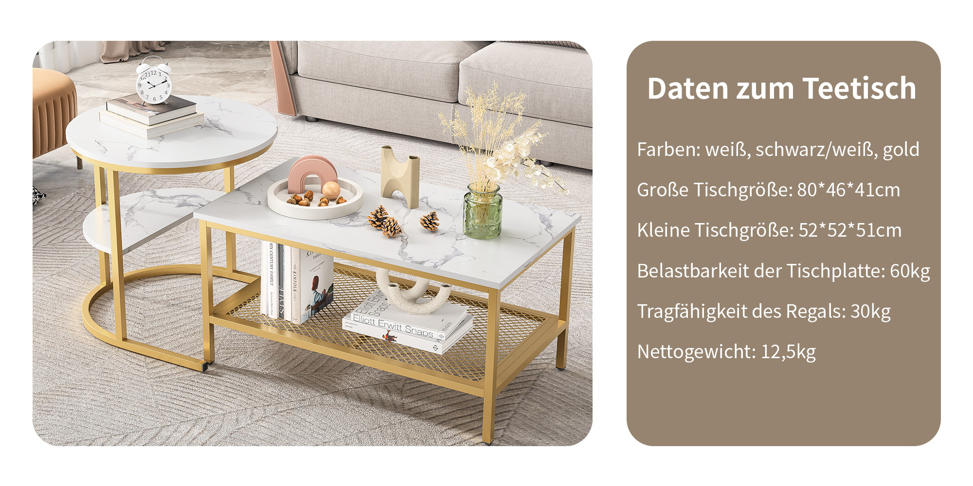 Ensemble tables gigognes dorées avec plateau marbre, 2 tables grande et petite, utilisation combinée ou séparée, étagère de rangement, pour salon, style light luxury, flexible, s'adapte à différents espaces - image 3