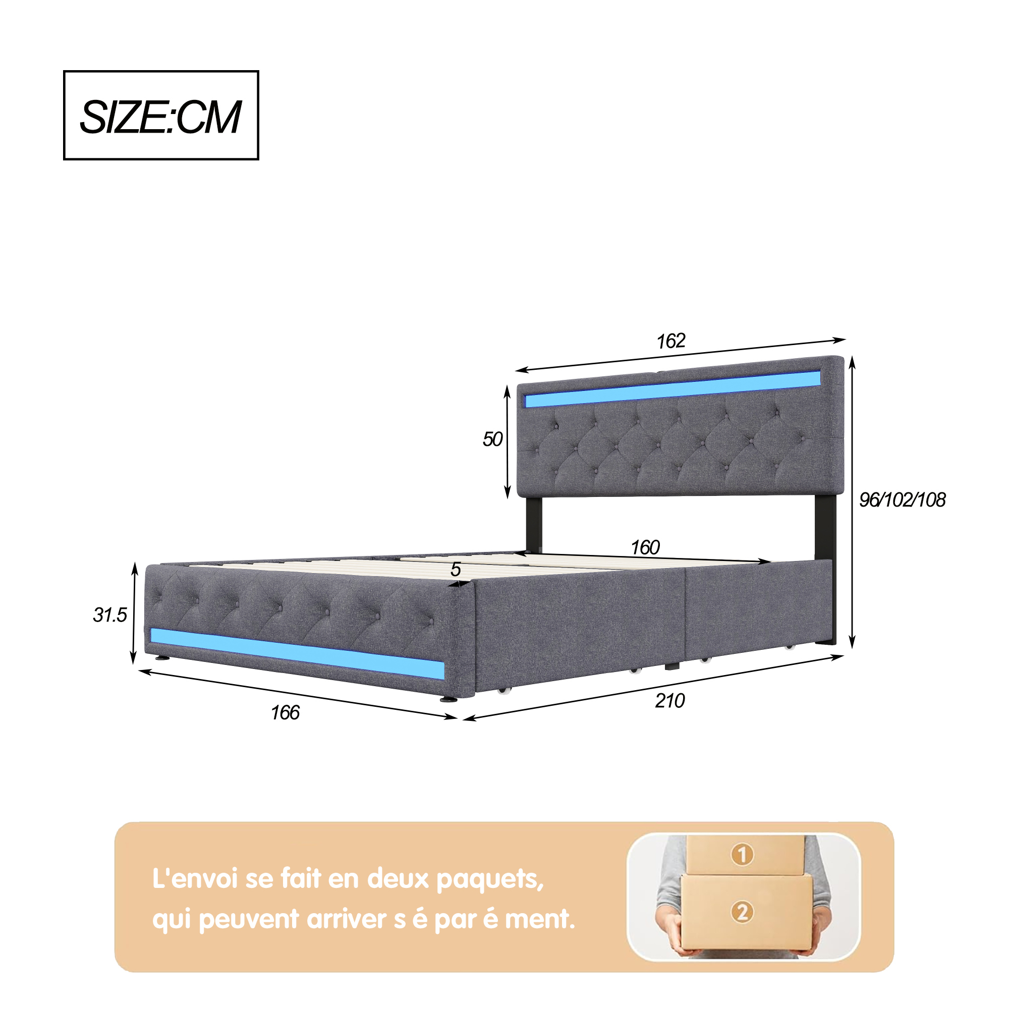 lit avec 4 compartiments de rangement et roulettes pour déplacement facile