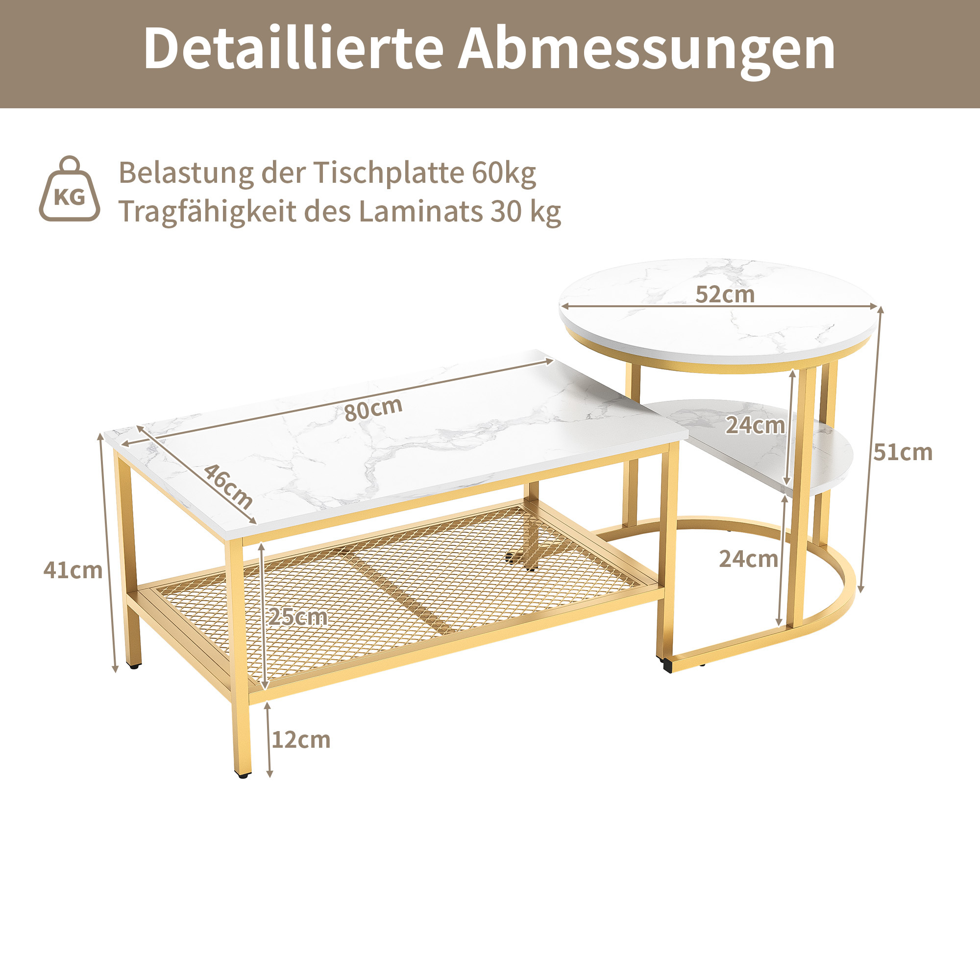 Ensemble tables gigognes dorées avec plateau marbre, 2 tables grande et petite, utilisation combinée ou séparée, étagère de rangement, pour salon, style light luxury, flexible, s'adapte à différents espaces - image 6