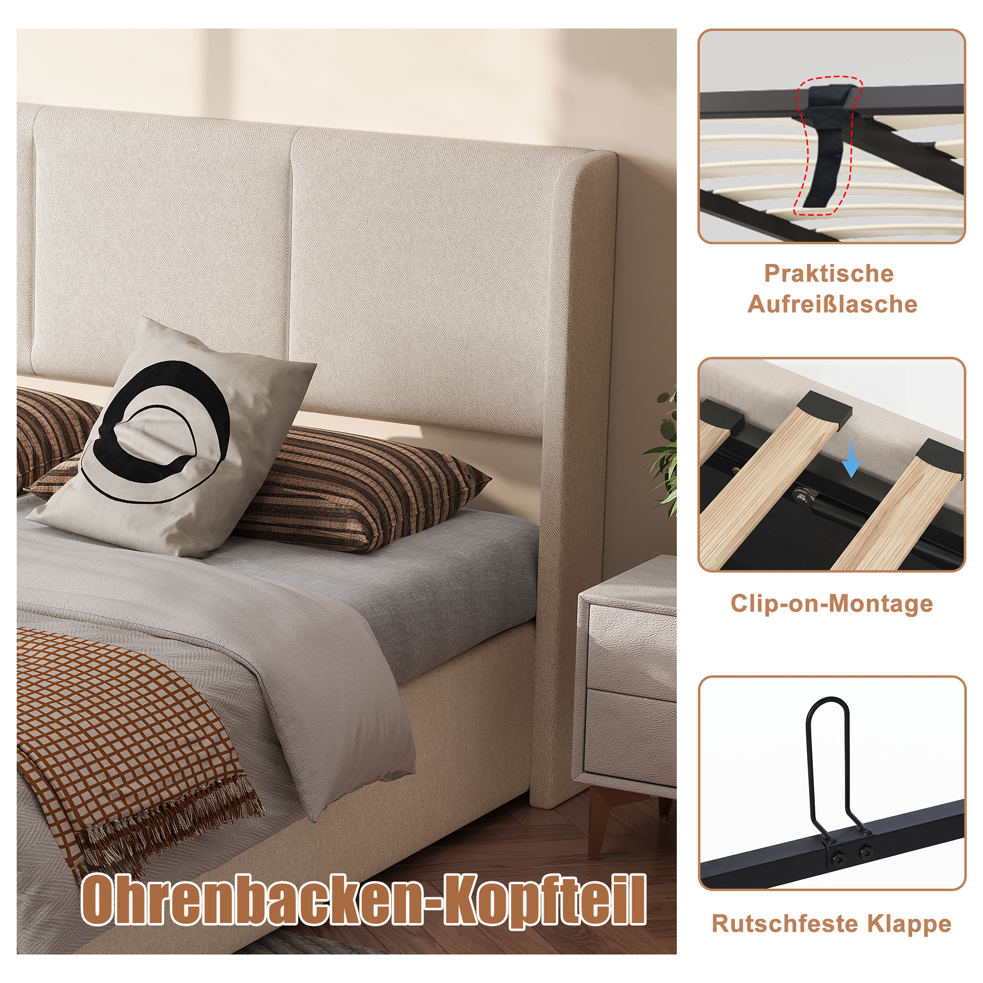 Lit coffre double 160 x 200 cm, lin, beige — visuel 3