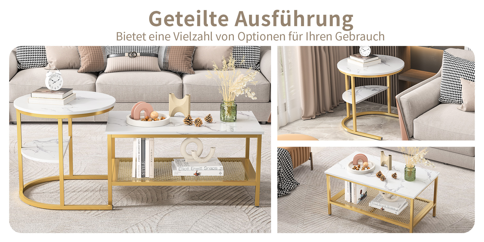 Ensemble tables gigognes dorées avec plateau marbre, 2 tables grande et petite, utilisation combinée ou séparée, étagère de rangement, pour salon, style light luxury, flexible, s'adapte à différents espaces - image 1
